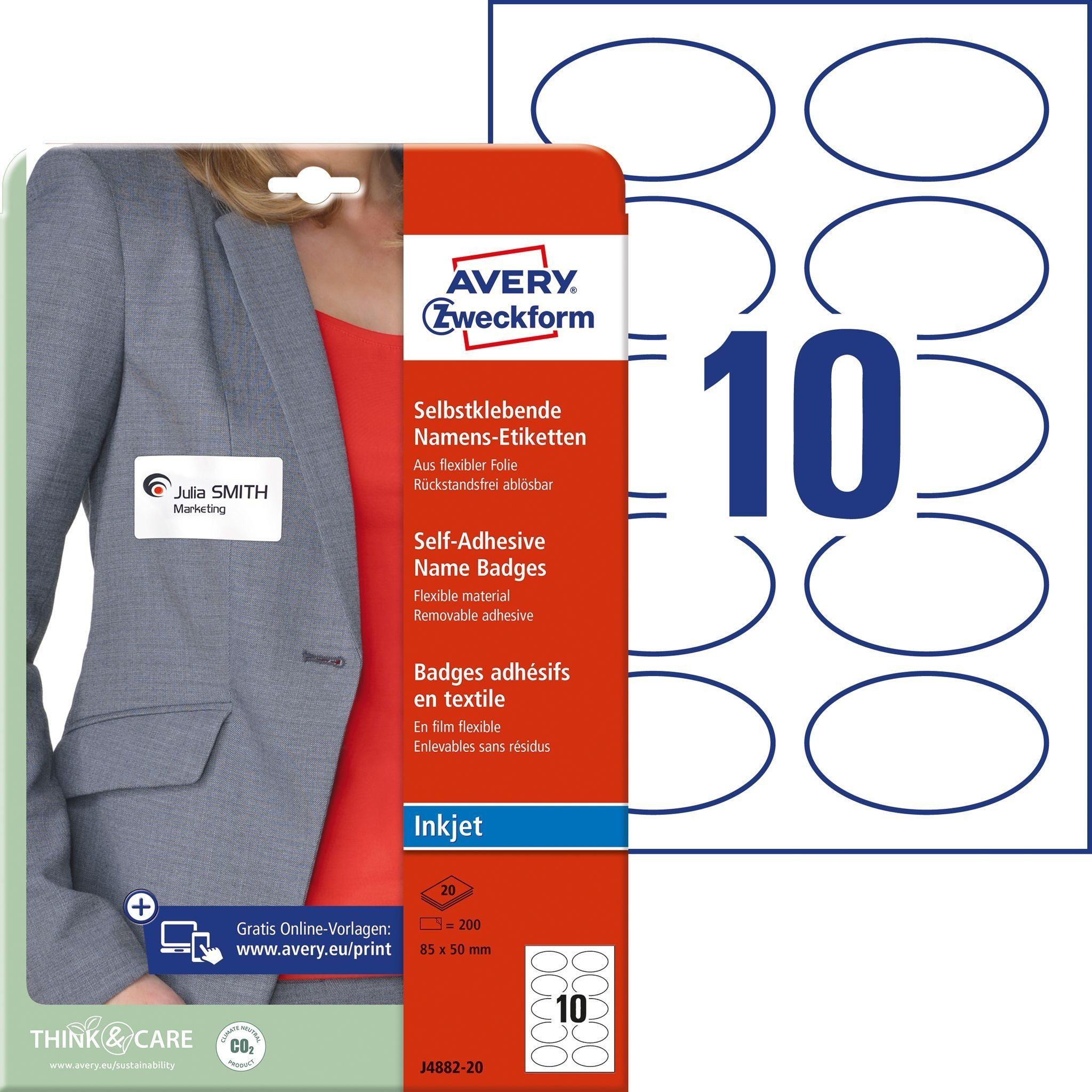 Avery Zweckform Etiketten Namens-Etiketten 85x50mm 20 Bogen/200 Etiketten weiß