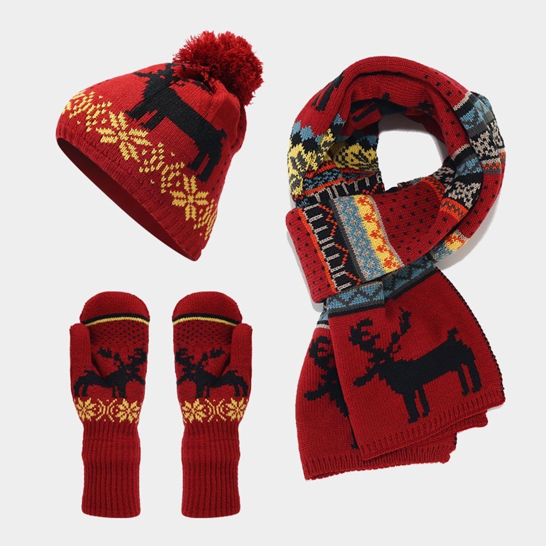 AUKUU Schal Strickmütze Weihnachtsmütze, Schal und Handschuhe, dreiteiliger, (warmer Elchanzug (3-St) Rotwein