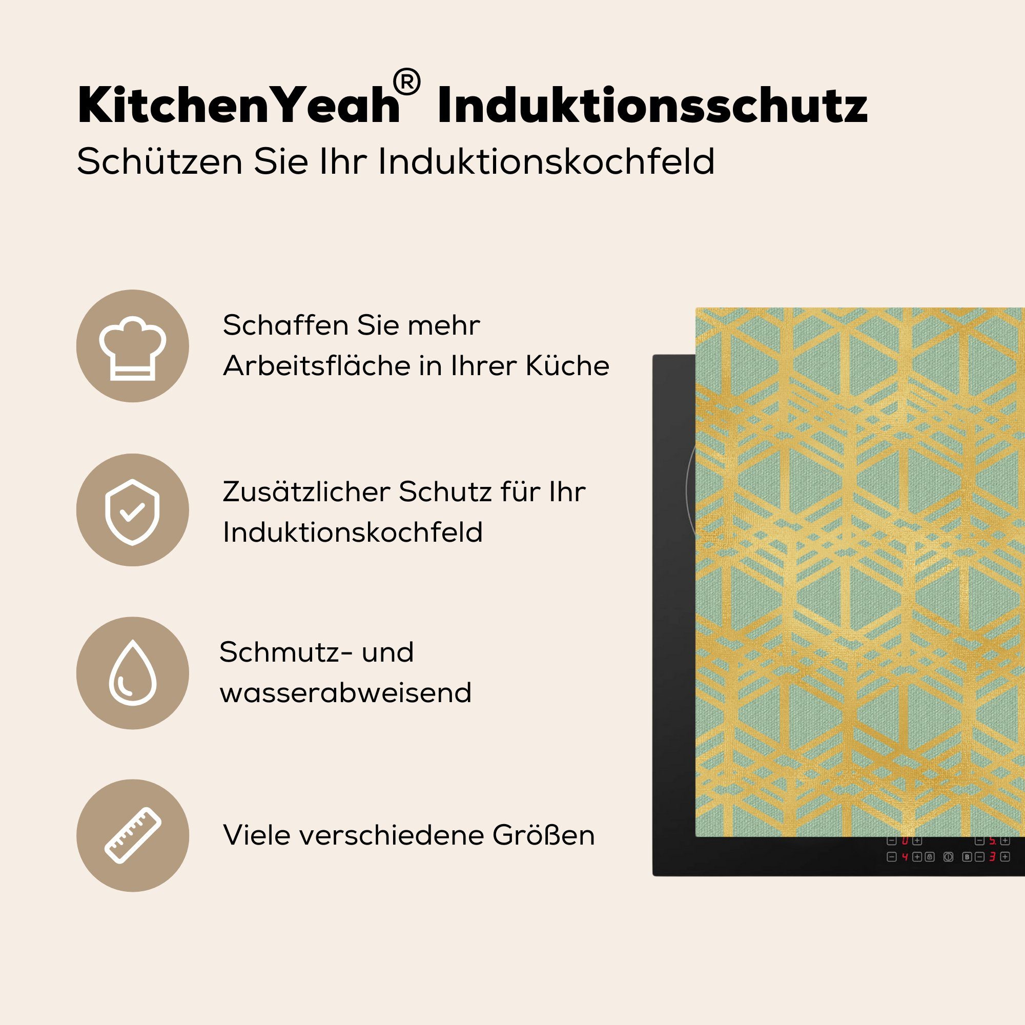 78x78 - - Arbeitsplatte Gold cm, Grün, Luxus Herdblende-/Abdeckplatte tlg), Muster Vinyl, - MuchoWow für Ceranfeldabdeckung, (1 küche
