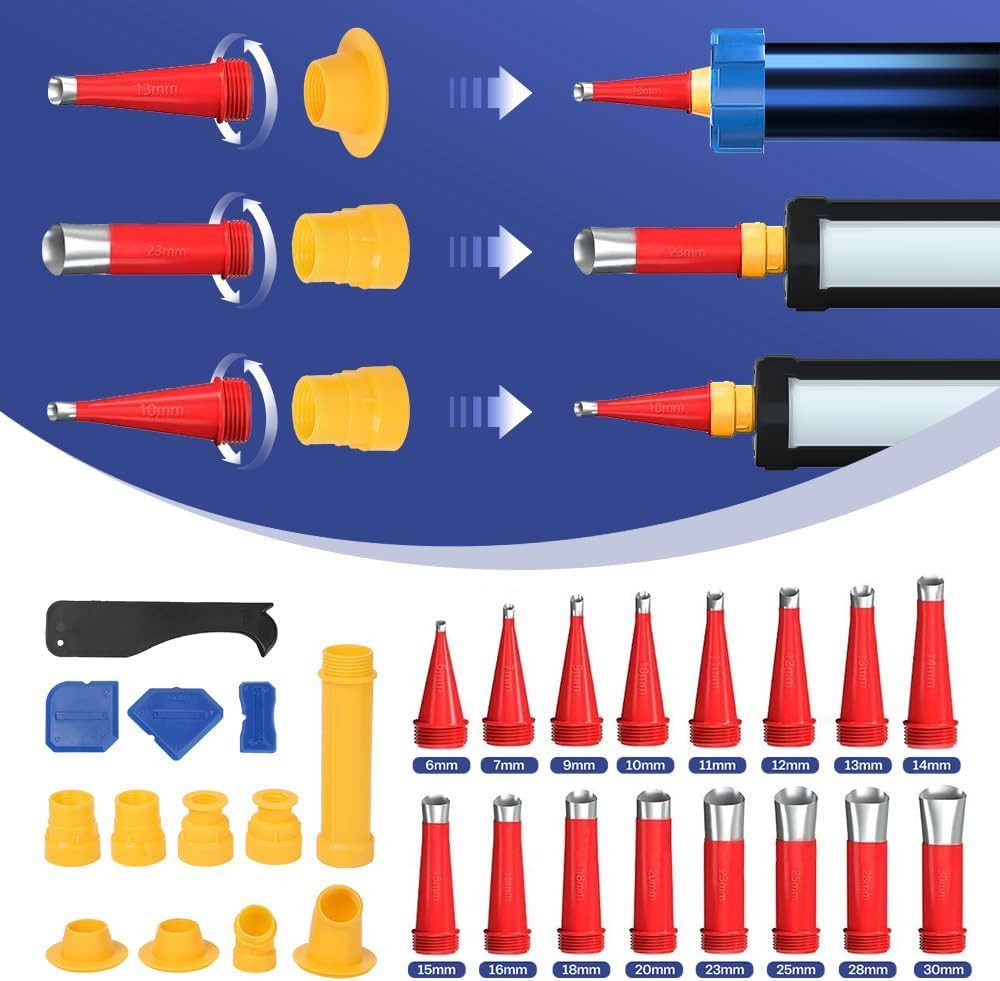 XERSEK Akku-Kartuschenpistole Elektrische Kartuschenpresse Silikonspritze mit 2 Akku (21V 2 Ah), (7840N mit LED, 16X Dichtungsdüse, 6X Ersatzbasis, 38-tlg., 0-32 mm/s, 6-Geschwindigkeit, für 600ml Wurst), 310ml Patrone