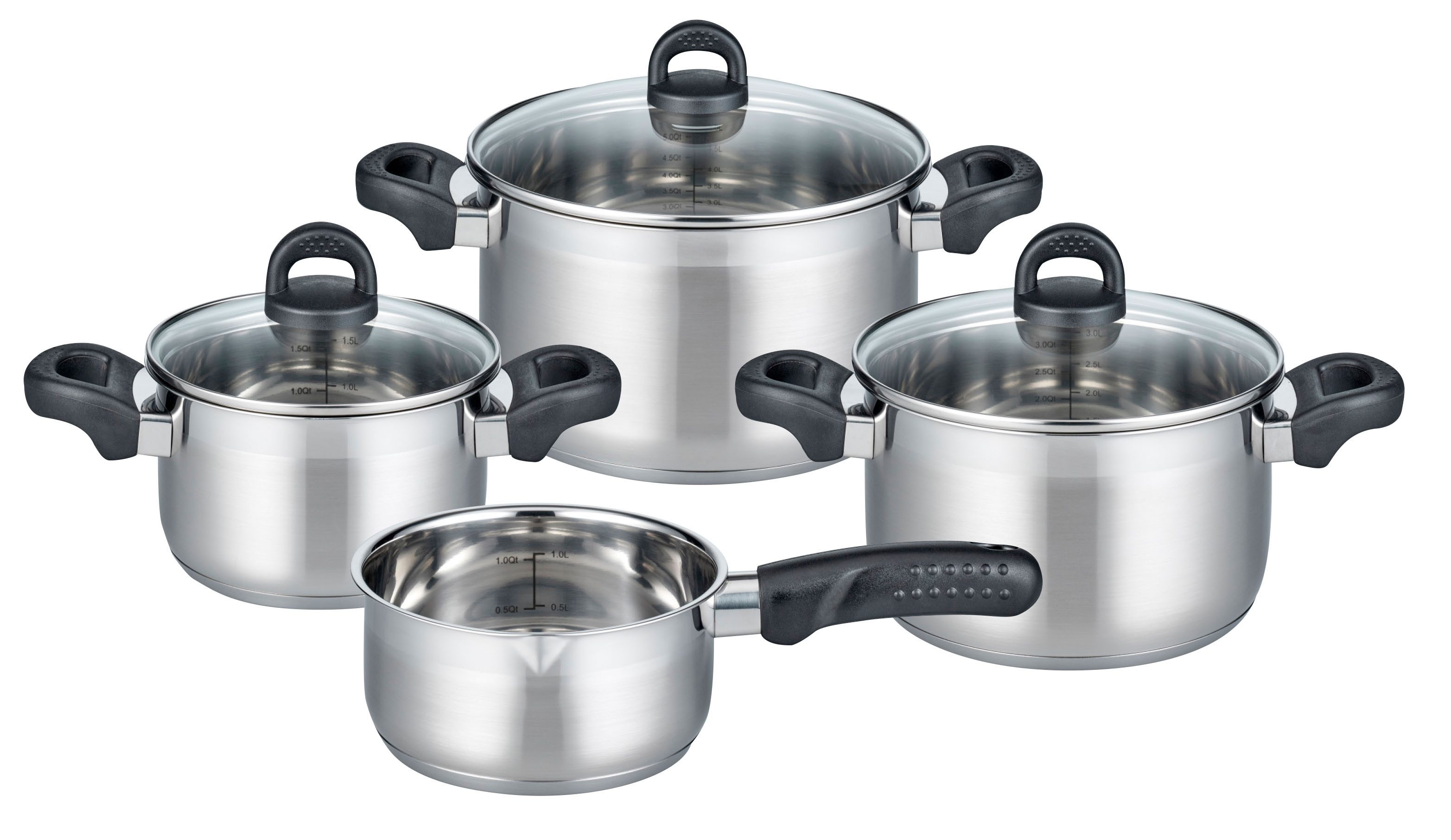 Elo Basic Topf-Set Turmalin, Edelstahl 18/10 (Set, 7-tlg., je 1 Fleischtopf Ø 16/20/24 cm, 1x Stielkasserolle Ø 16 cm), Öl-Dosiersystem, Induktion