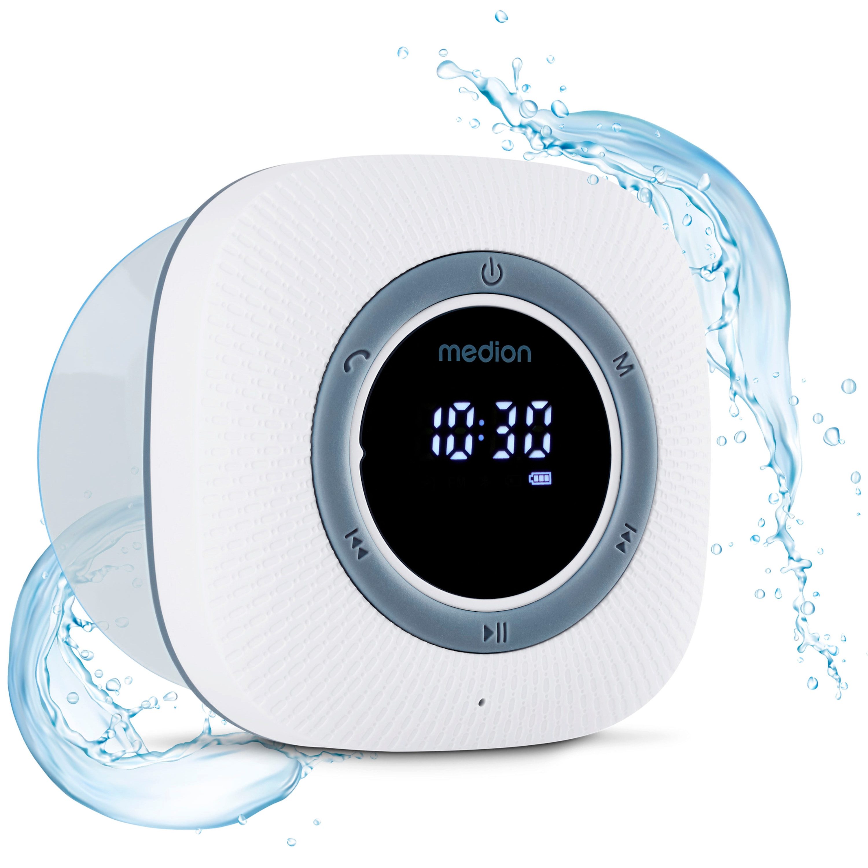 Medion® S66884 (MD 43884) Duschradio mit Bluetooth Radio (MW/UKW, 3 W, Saugnapf, LED-Display, IPX6 Wasserdicht, integrierter Akku, weiß)