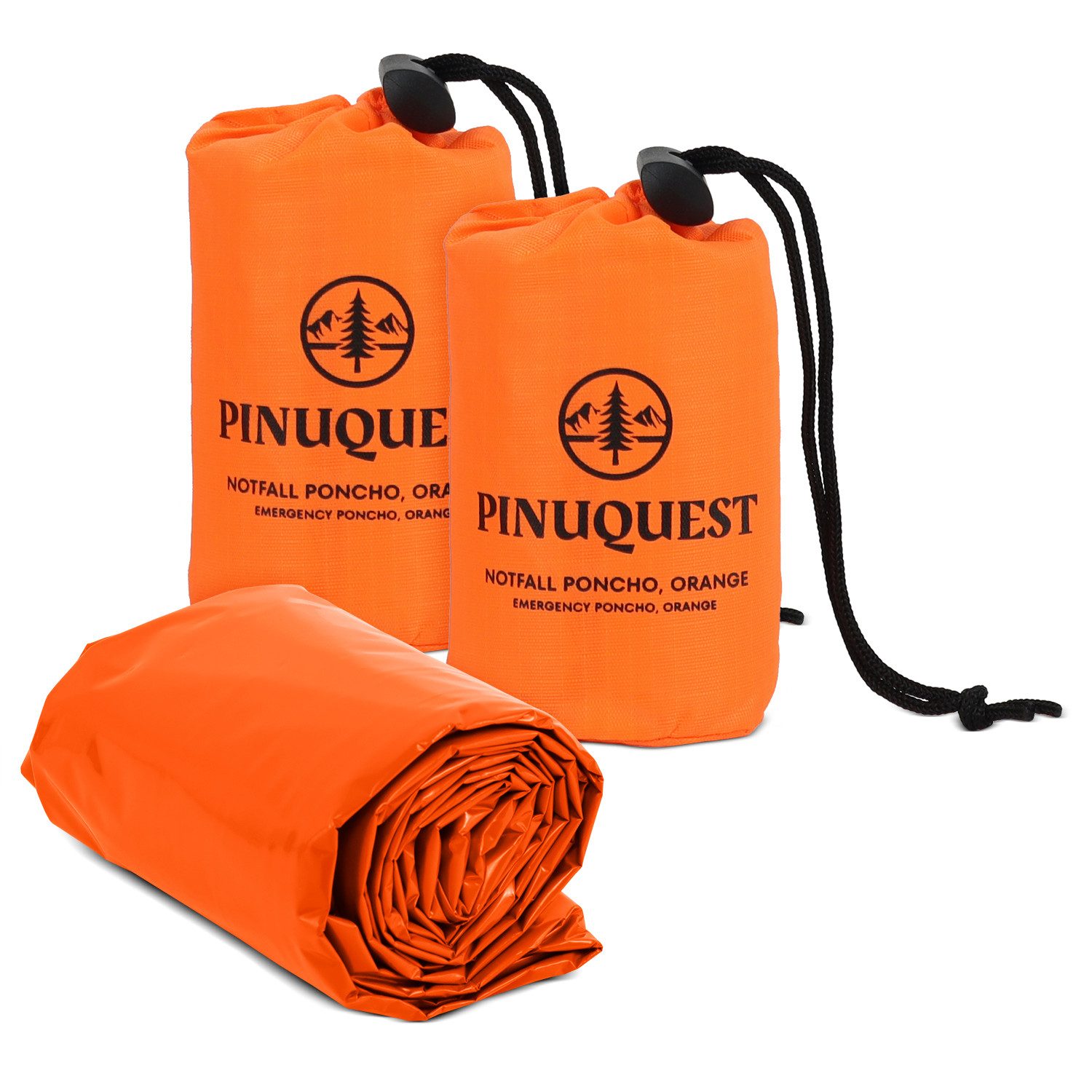 PINUQUEST Regenponcho Notfall-Poncho 26 µm signalorange (2-St) Poncho für Notfälle, Notponcho Wärmereflexion, wasserdicht winddicht