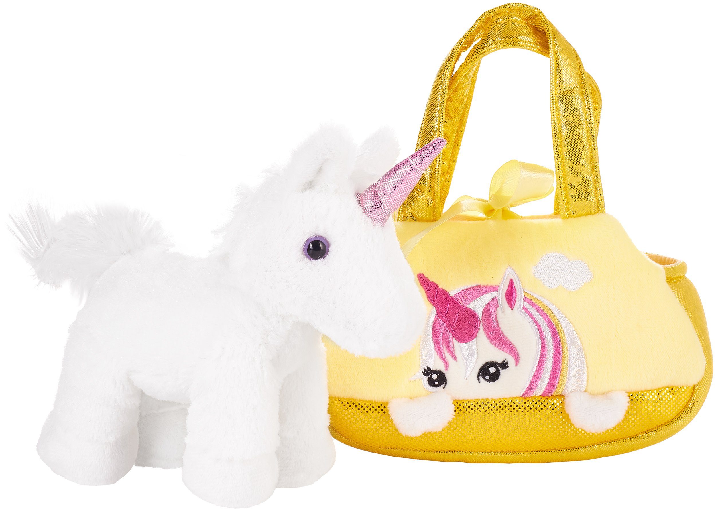 BRUBAKER Kuscheltier Einhorn Tasche Weiß 20 cm (1-St., Plüschtier in Handtasche), Glitzer Stofftier