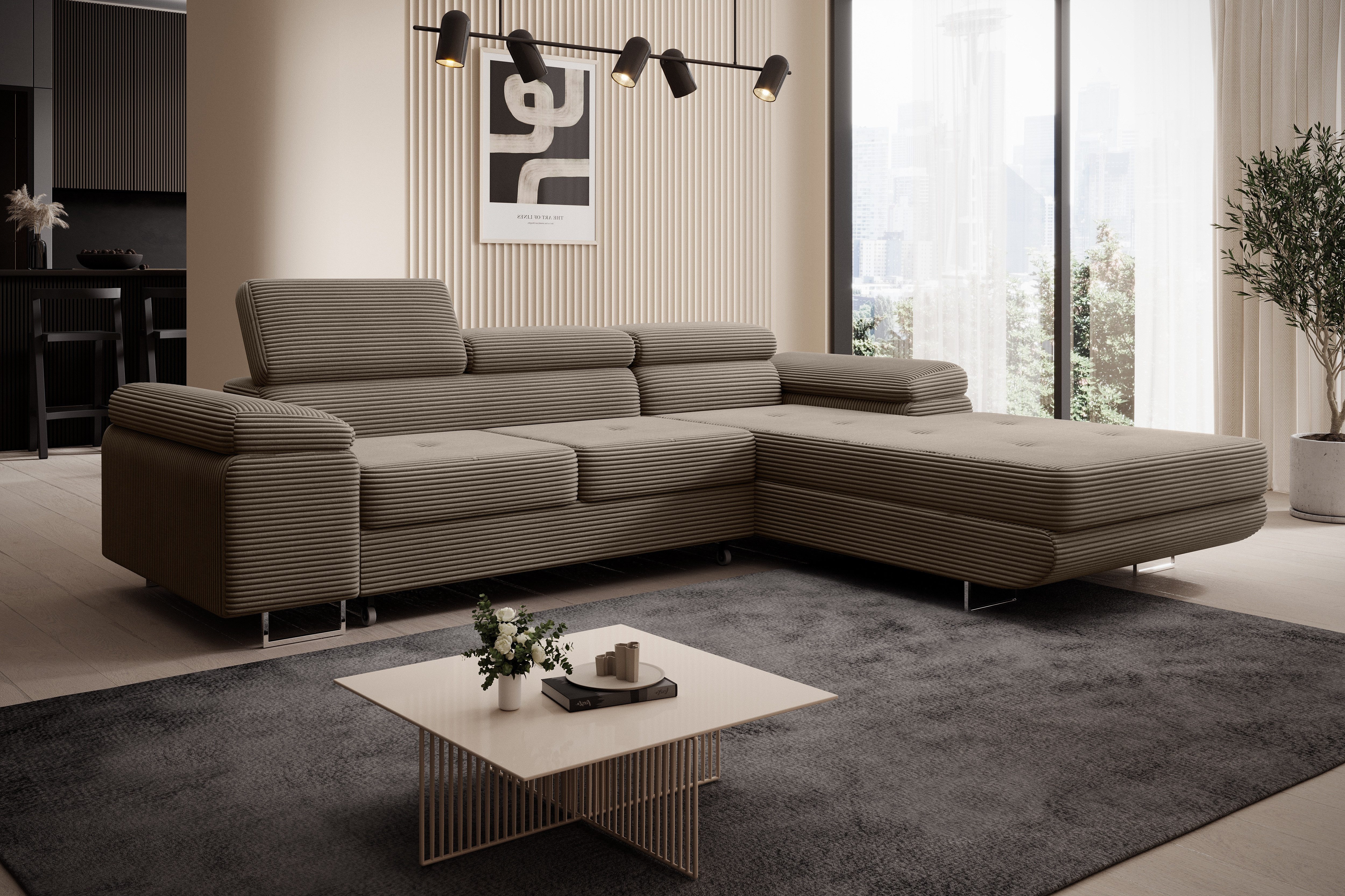 thematys Ecksofa ALVARO 250 x 183cm mit Schlaffunktion & Bettkasten –, L-Sofa mit 4 verstellbaren Kopfstützen, Strukturstoff (Inari), Cord (Poso), Leder (Soft), Leder (Soft)/Velours (Sawana) - L-Form, Wohnlandschaft, 250 cm breit