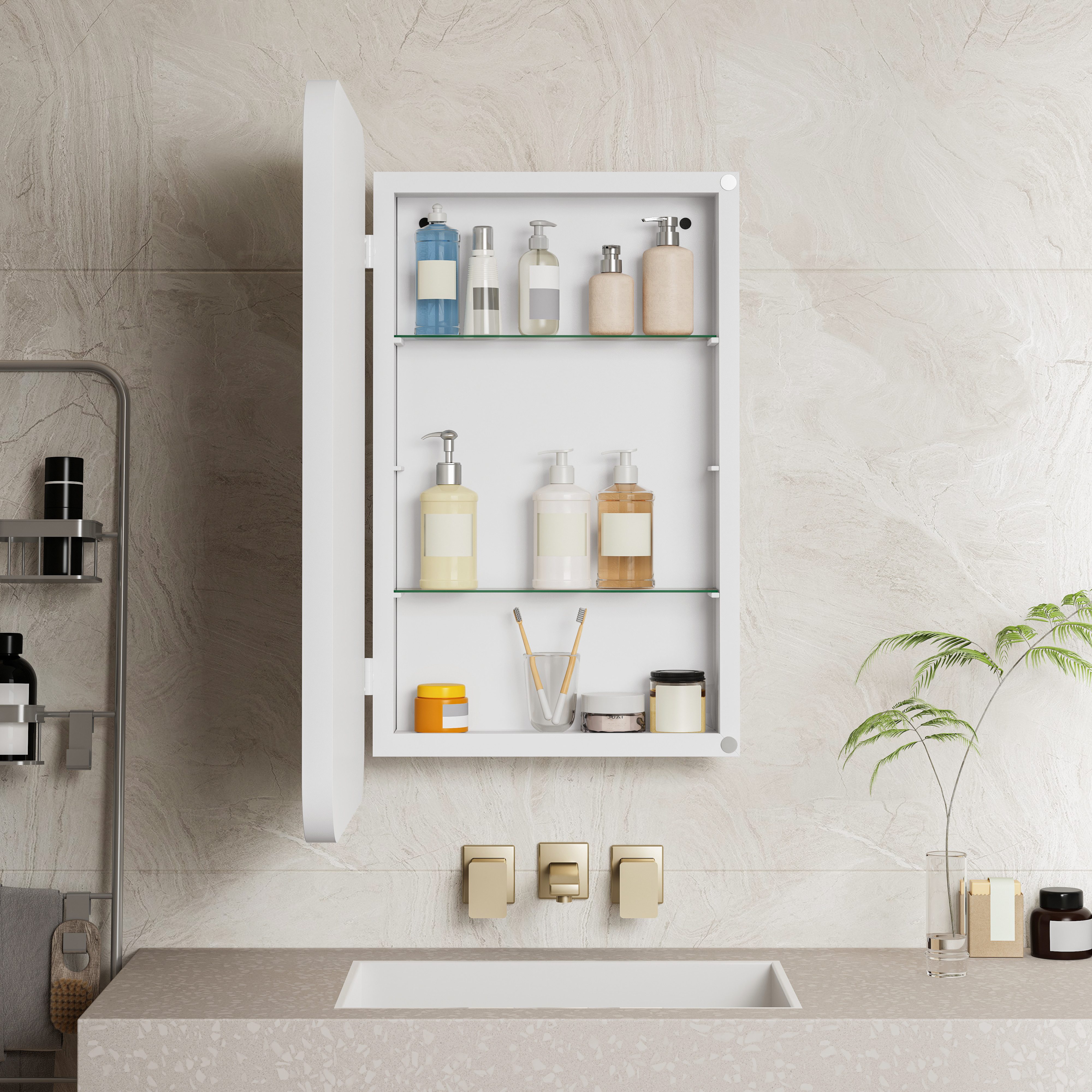 MODFU Spiegelschrank Moderner Wand-Badezimmerschrank (Rechteckiger Metallrahmen-Schrank mit Spiegel & einstellbaren Shelves)