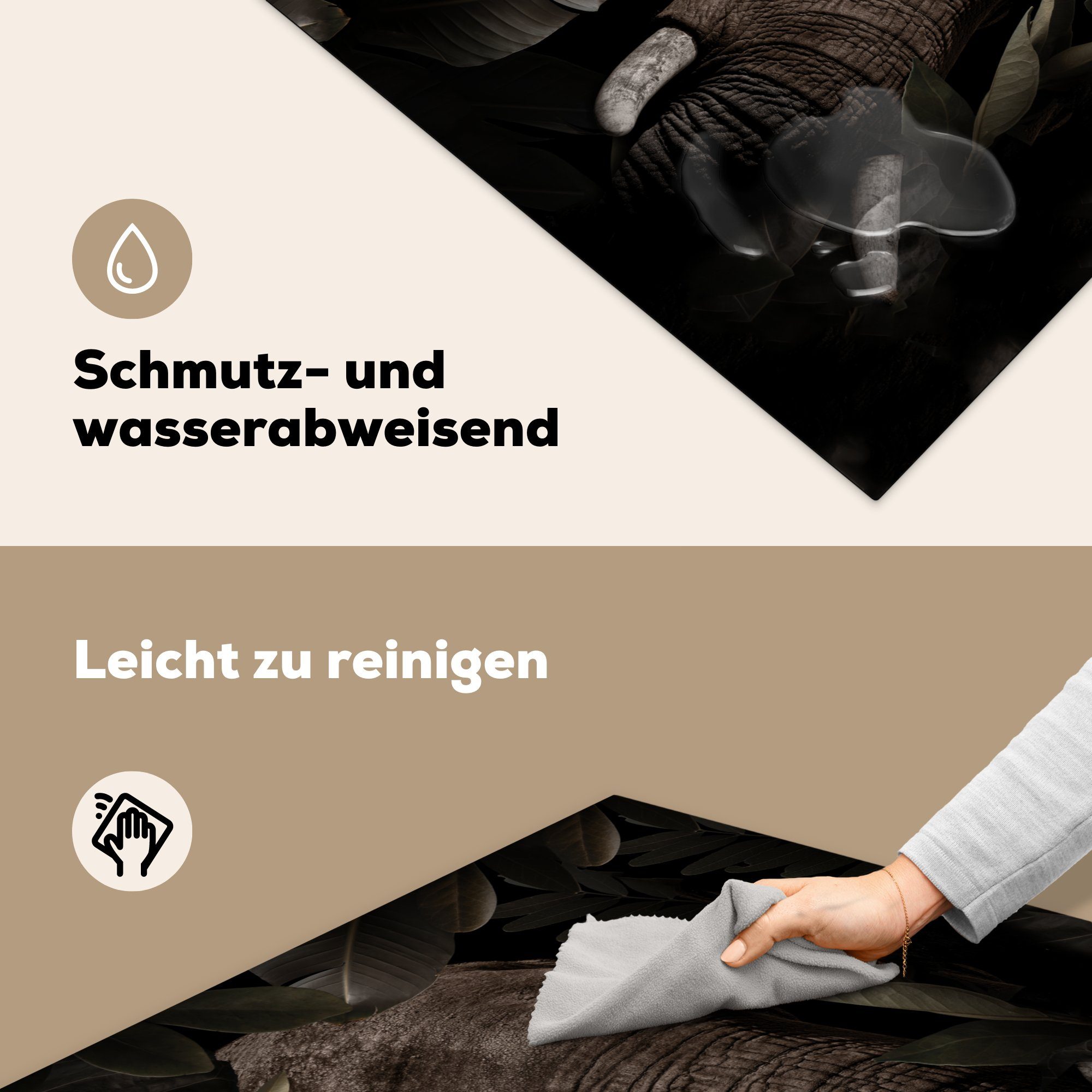 Blätter cm, Ceranfeldabdeckung, Herdblende-/Abdeckplatte Tiere küche Botanisch, Arbeitsplatte - tlg), (1 Vinyl, Elefant MuchoWow für - 78x78 -