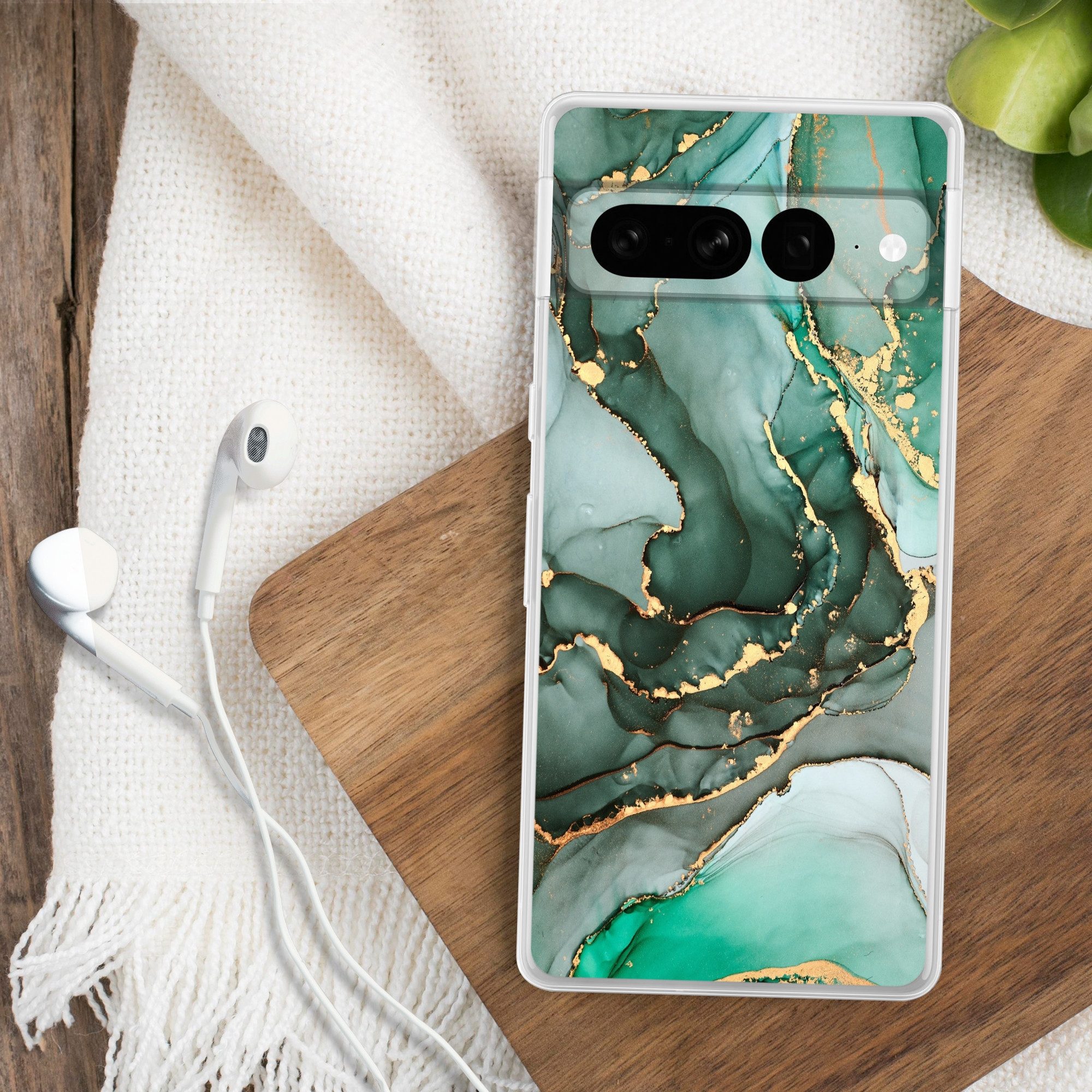 MuchoWow Handyhülle für Google Pixel 7 Pro Gold - Marmor - Grün - Luxus - Marmoroptik - Gr, Phone Case, Silikon, Schutzhülle Dünn