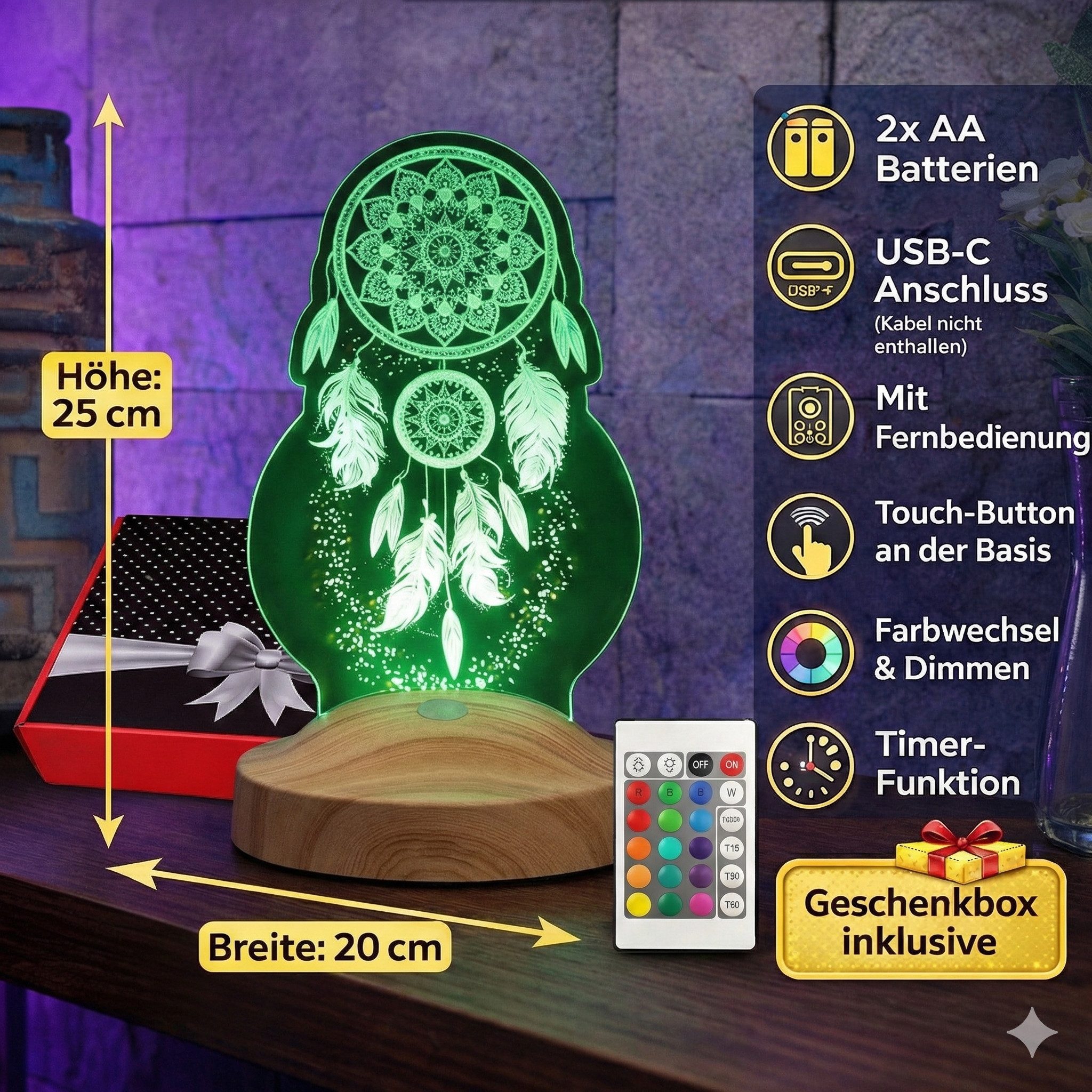 Geschenkelampe LED Nachttischlampe Traumfänger Dreamcatcher 3D UV Druck Nachtlicht, Leuchte 7 Farben fest integriert, Geburtstagsgeschenk für Freunde, Mädchen,  – Bild 4 von 5