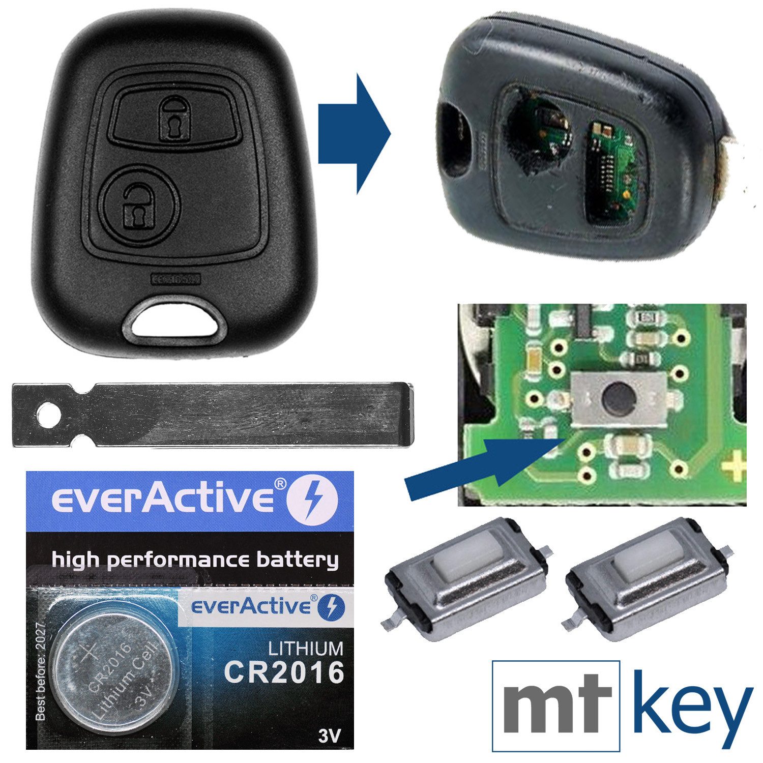 mt-key Auto Schlüssel + 1x Rohling HU83 + 2X Mikrotaster + passende CR2016 Knopfzelle, CR2016 (3 V), für Peugeot 207 307 308 CC SW Break Funk Fernbedienung