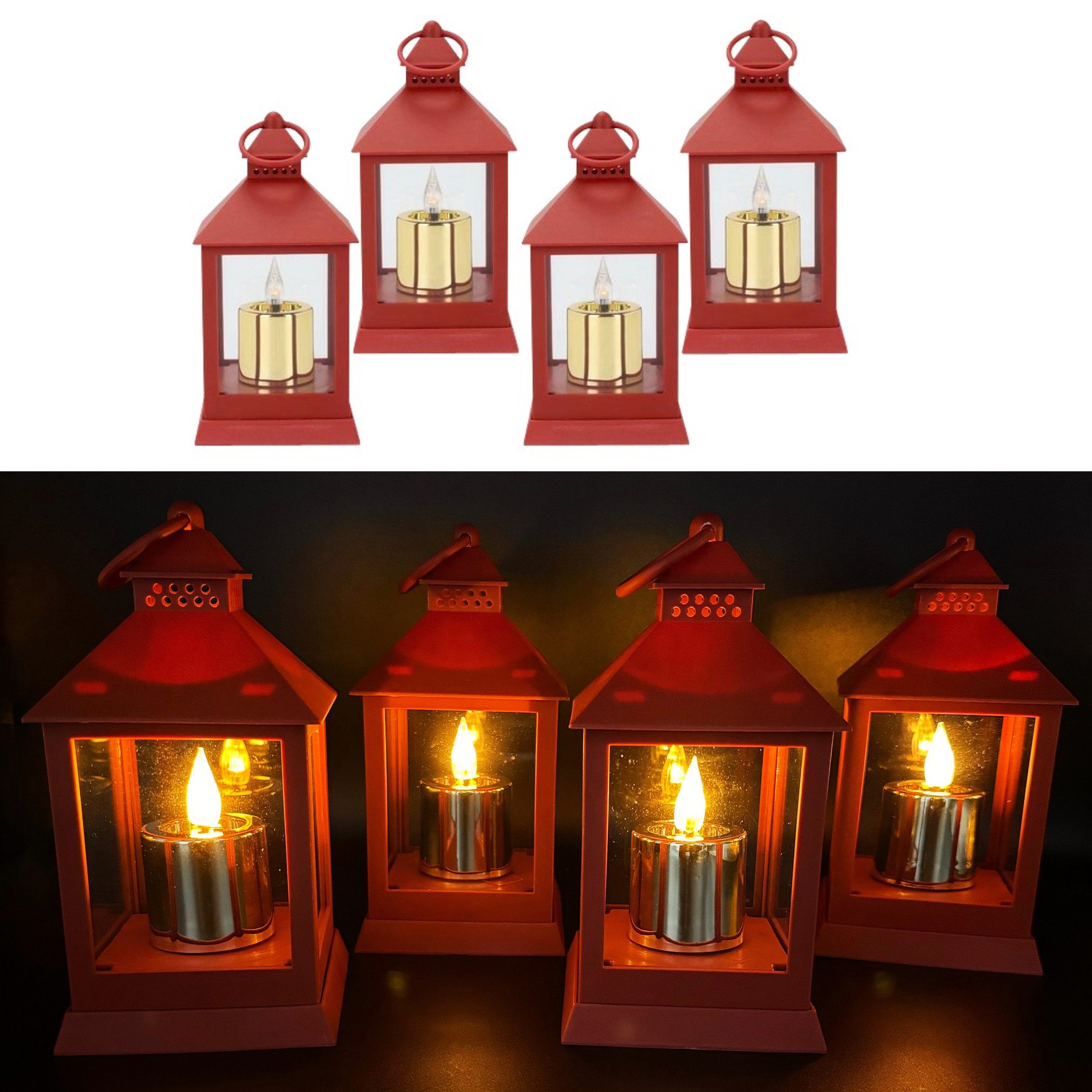 Online-Fuchs LED Laterne - 4er Set Фонари mit LED-Kerzen und Timerfunktion - Outdoor geeignet, LED-Kerzen im Metallic Design, Warmweiße Acrylflamme, 6-Stunden Timer