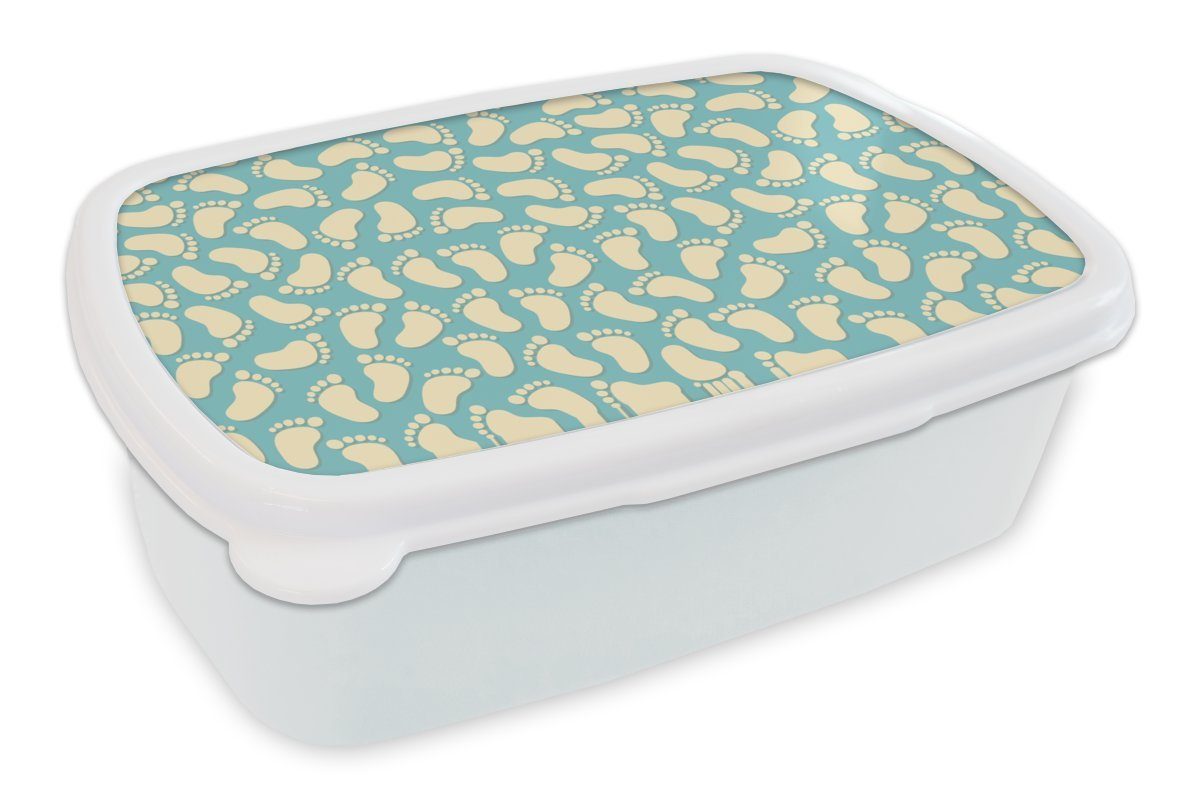 MuchoWow Lunchbox Muster - Fuß - Blau - Jungen - Kinder - Kleiner Junge, Kunststoff, (2-tlg), Brotbox für Kinder und Erwachsene, Brotdose, für Jungs und Mädchen weiß
