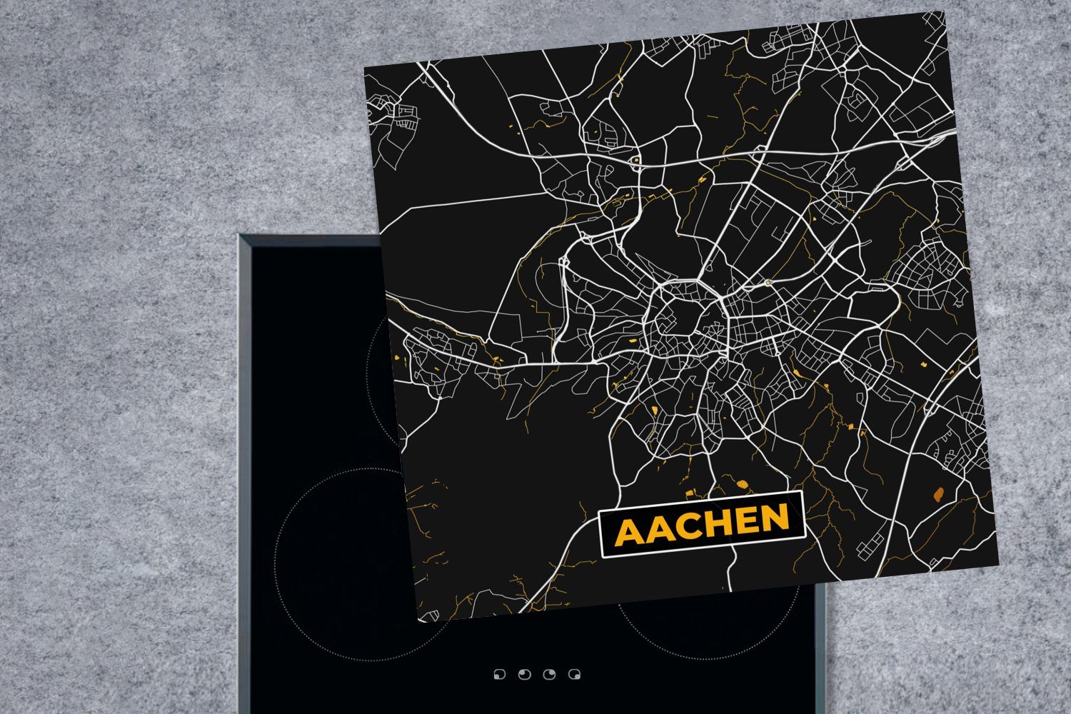 Deutschland, Ceranfeldabdeckung, 78x78 küche Herdblende-/Abdeckplatte Aachen - für - (1 MuchoWow Karte - Stadtplan Arbeitsplatte - cm, tlg), Vinyl, Gold