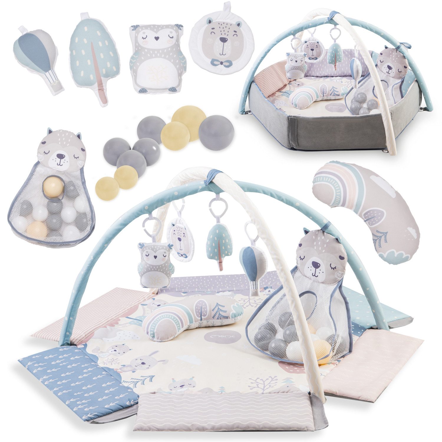 MoMi Spielmatte Pastel, 2-in-1 Spielmatte mit Bällebad, 30 Bälle inklusive