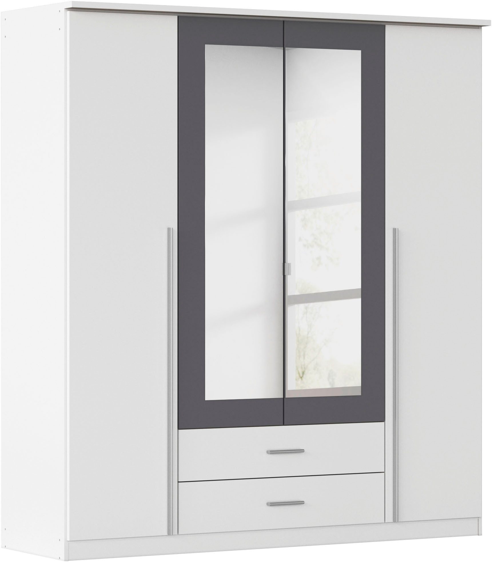 rauch Kleiderschrank Kleiderschrank Schrank Garderobe Wäscheschrank Ankleide KREFELD (Breiten: 136/181 cm, Höhe: 199 cm) farblich abgesetzte Spiegelumrandung, Griffstangen MADE IN GERMANY
