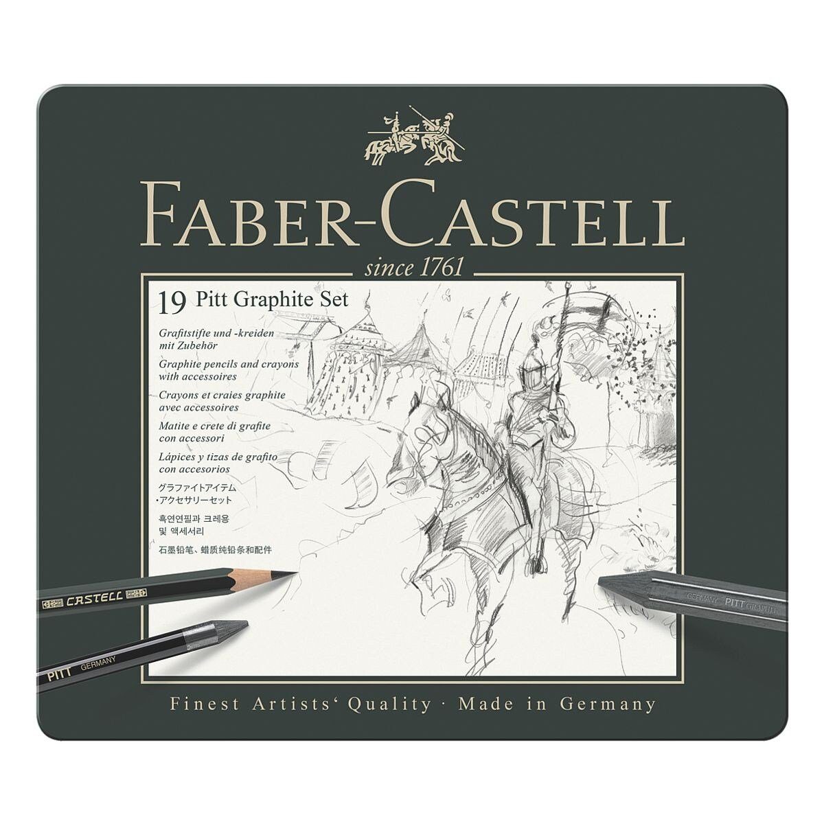 Faber-Castell Bleistift PITT Graphite Set, (19-tlg), Grafitstifte und Grafitkreiden mit Zubehör, im Metalletui | Druckbleistifte