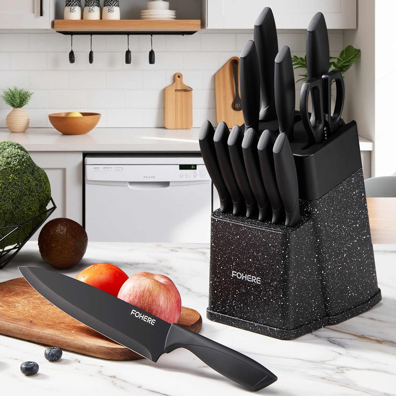 FOHERE Messer-Set aus hochwertigem Edelstahl, mit ergonomischen Griffen (13-tlg), Inkl. integriertem Schärfblock, spülmaschinenfest & rostfrei