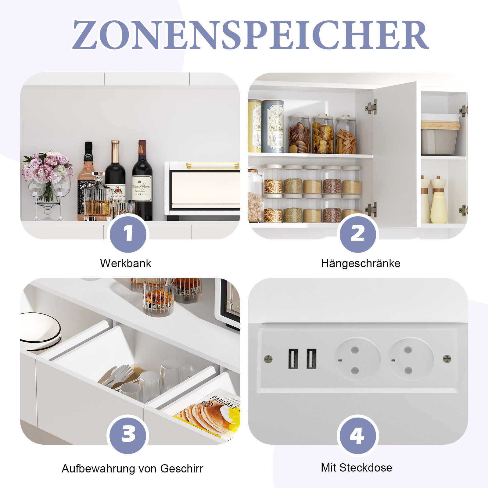 TWSOUL Küchenbuffet Küchenschrank, Buffetschrank mit Steckdose und LED, 3 Schubladen