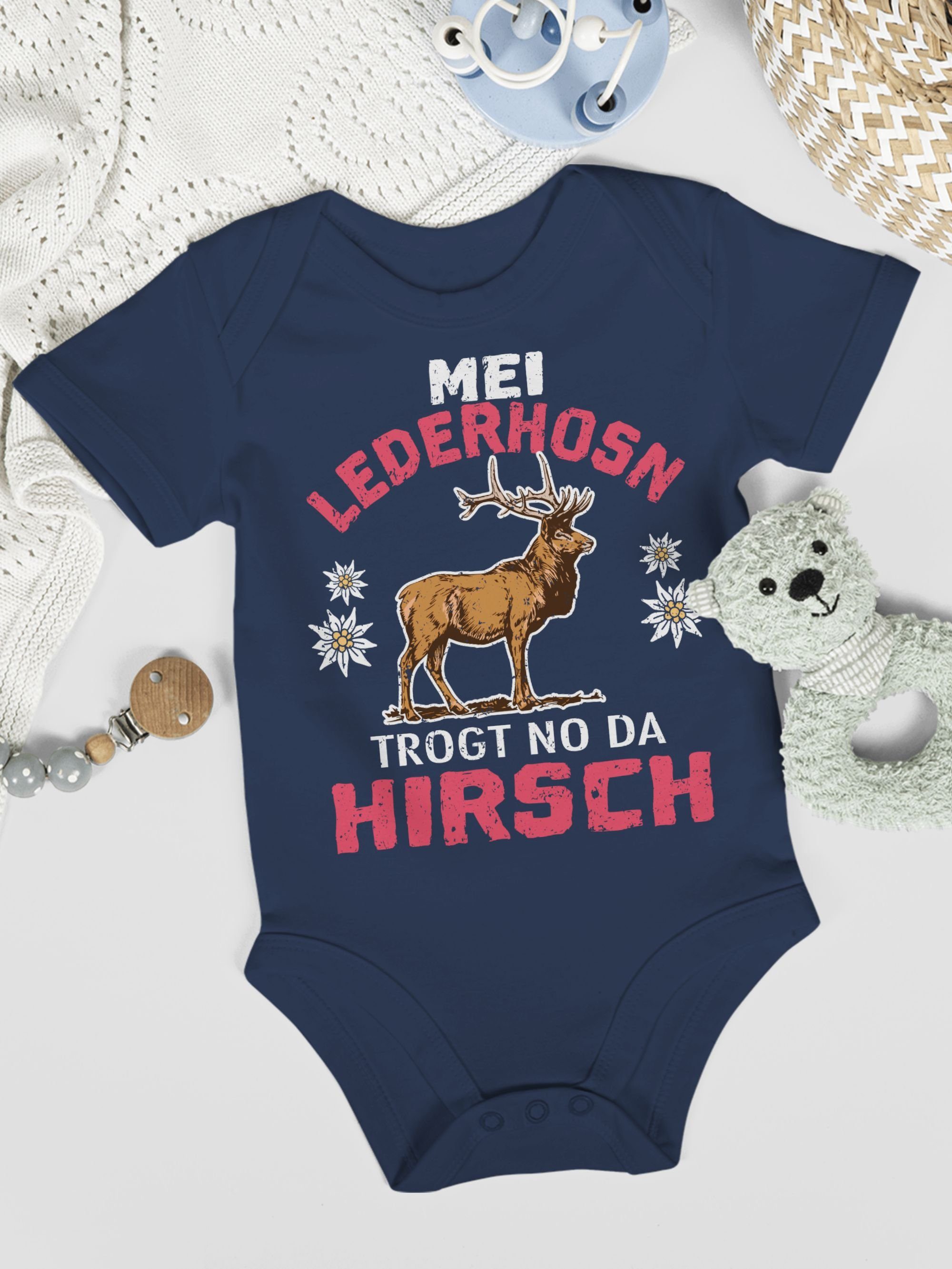 für Mei da Mode trogt Lederhosn Oktoberfest - Hirsch 1 Navy Blau Shirtbody no Shirtracer Outfit weiß/rot Baby