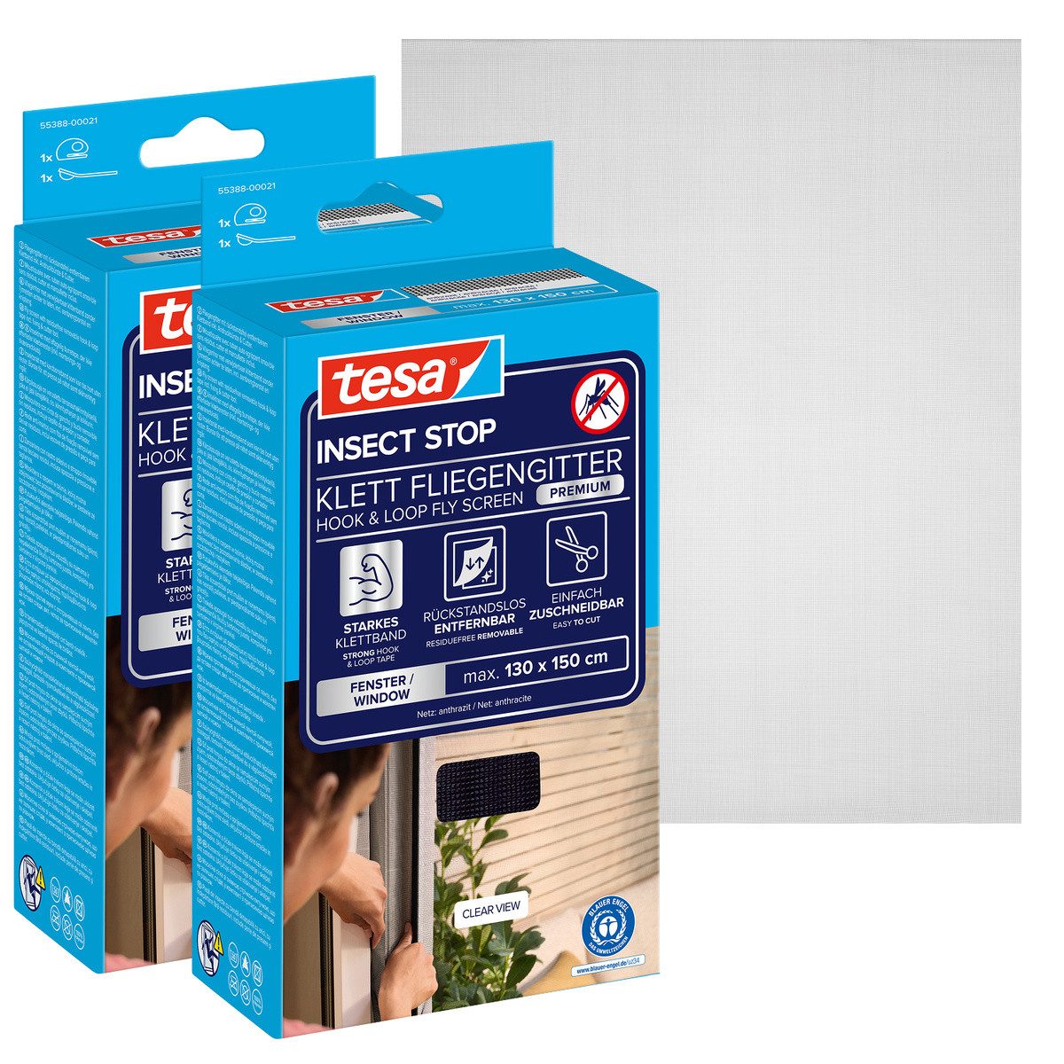 tesa Fliegengitter-Gewebe Klett Fliegengitter Premium für Fenster, Insektenschutz mit Klettband, (Packung, 2-St., Fliegennetz, Klettband, Andrück und Schneidehilfe), selbstklebende Insektenschutz - 130 cm x 150 cm