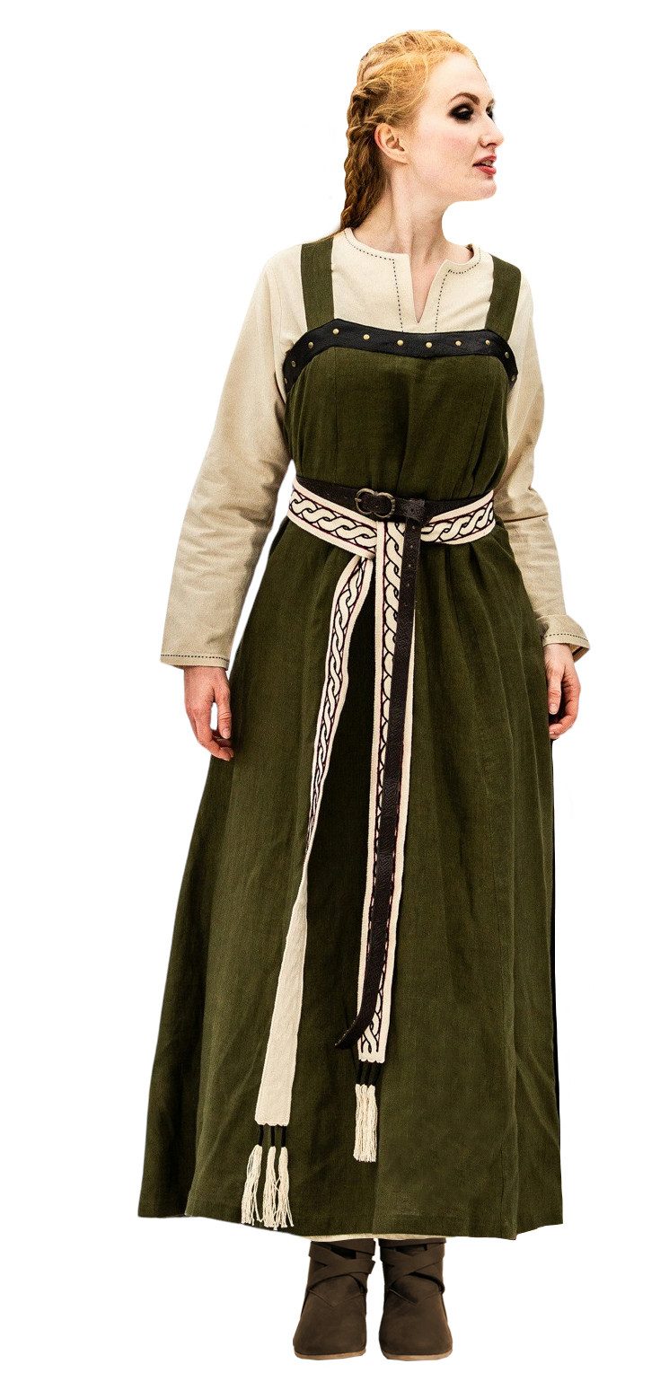 Leonardo Carbone Wikinger-Kostüm Überkleid "Alena" aus Leinen, Lederapplikationen, raffinierte Rückenschnürung