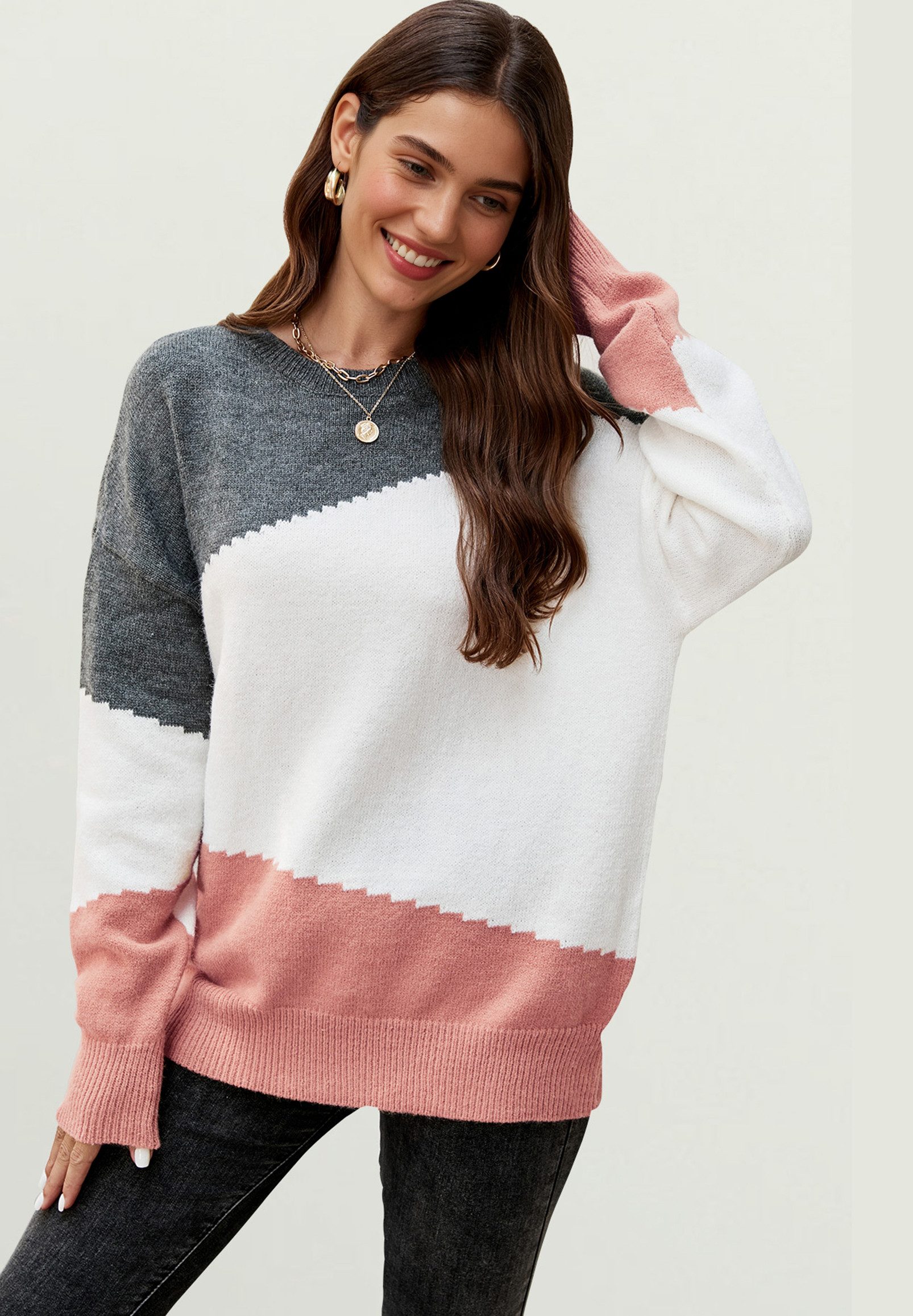 FS Collection Strickpullover Damen Strickpullover in Blockfarben – Einheitsgröße, Langarm - Onesize (DE 36–44 / UK 8–16, 52% Acryl, 28% Polyamid und 20% Polyester) Marine/Grau/Weiß - Rosa/Grau/Weiß - Grau/Weiß/Camel - Blau/Weiß/Grau
