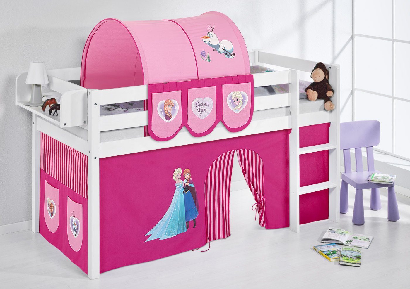 Lilokids Prinzessinbett Hochbett JELLE 2054 weiß Vorhang DISNEY FROZEN ROSA Spielbett Eiskönigin Anna & Elsa 200x90 cm