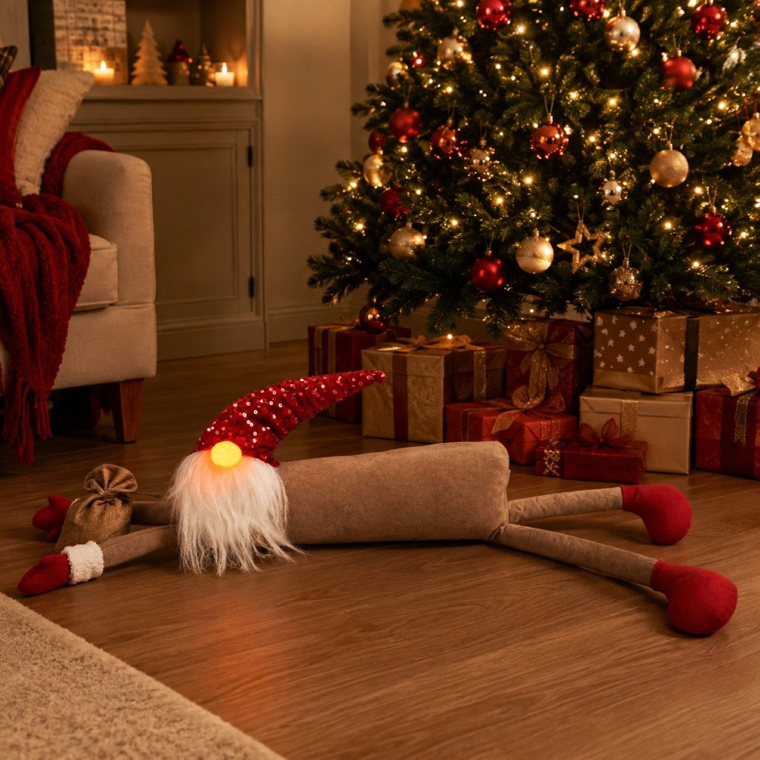 Online-Fuchs Wichtel XL liegend mit leuchtender LED Nase - Weihnachtsdeko innen (90 cm lang, mit dekorativen Pailletten auf der Zipfelmütze), inklusive praktischer 6-Stunden Timerfunktion