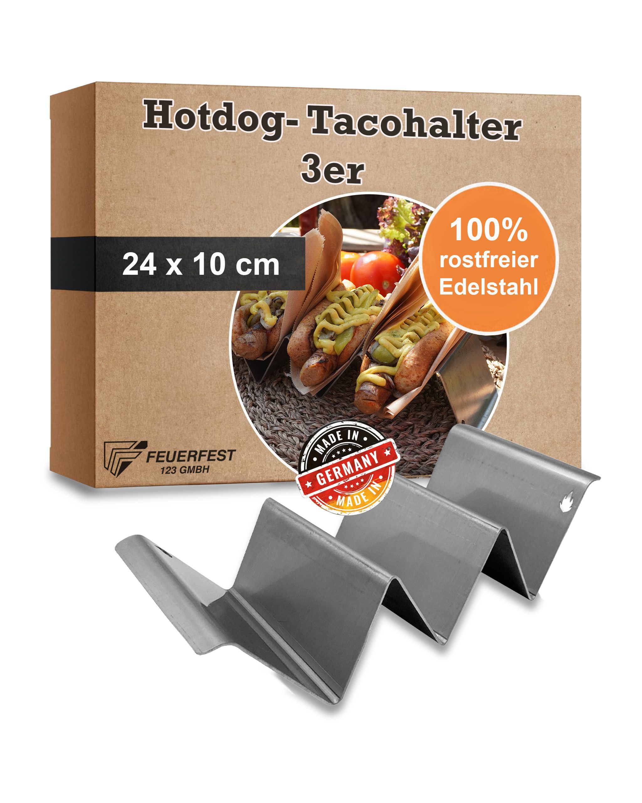 Feuerfest 123 GmbH Hotdog-Maker Hotdog- / Taco Halter 3er Edelstahl, Grillzubehör, perfekt für Hotdogs & Co