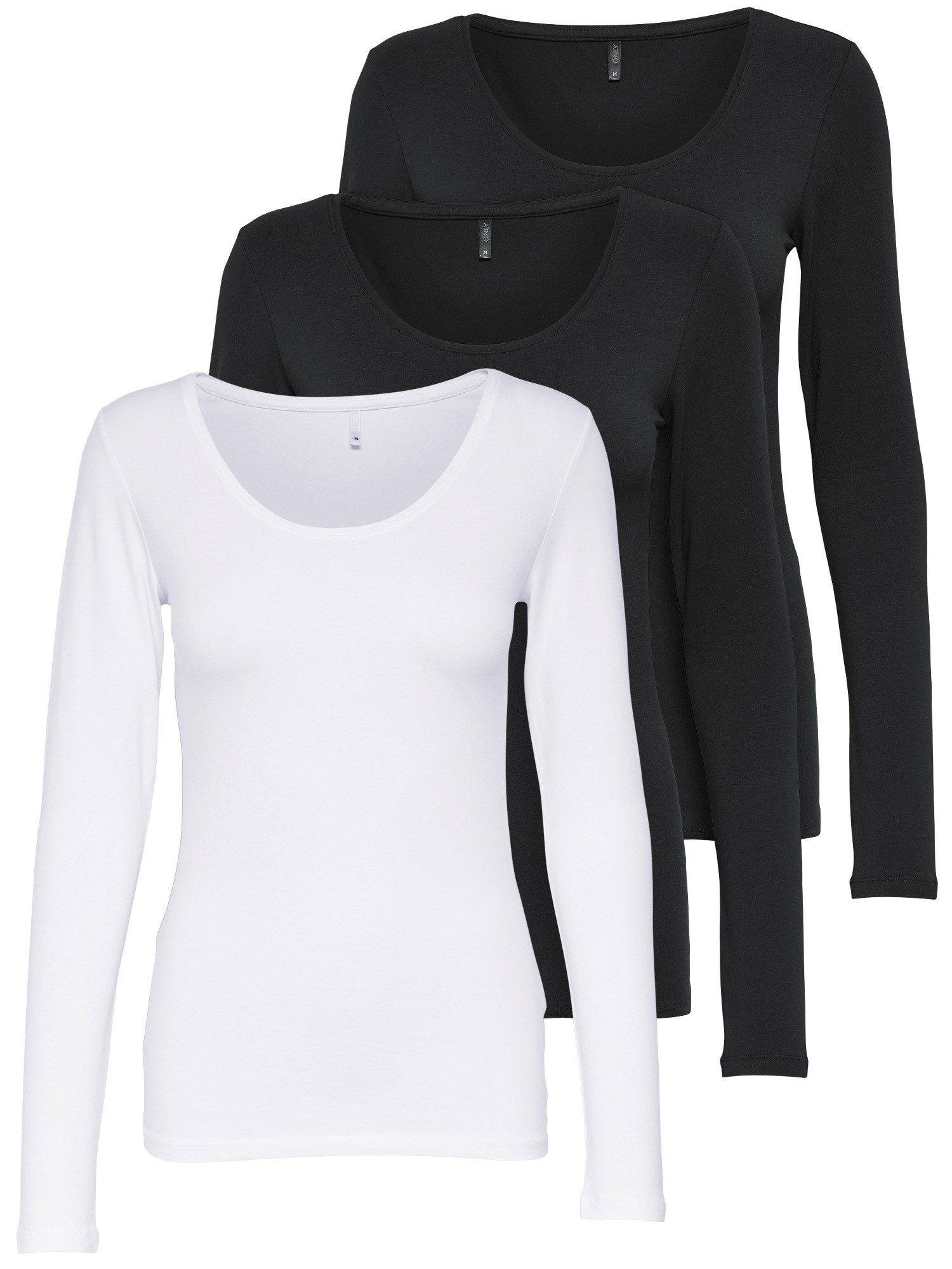 ONLY Langarmshirt Live Love NEW Longsleeve (3-tlg., 3er Pack) Figur betont, elastische Baumwollqualität