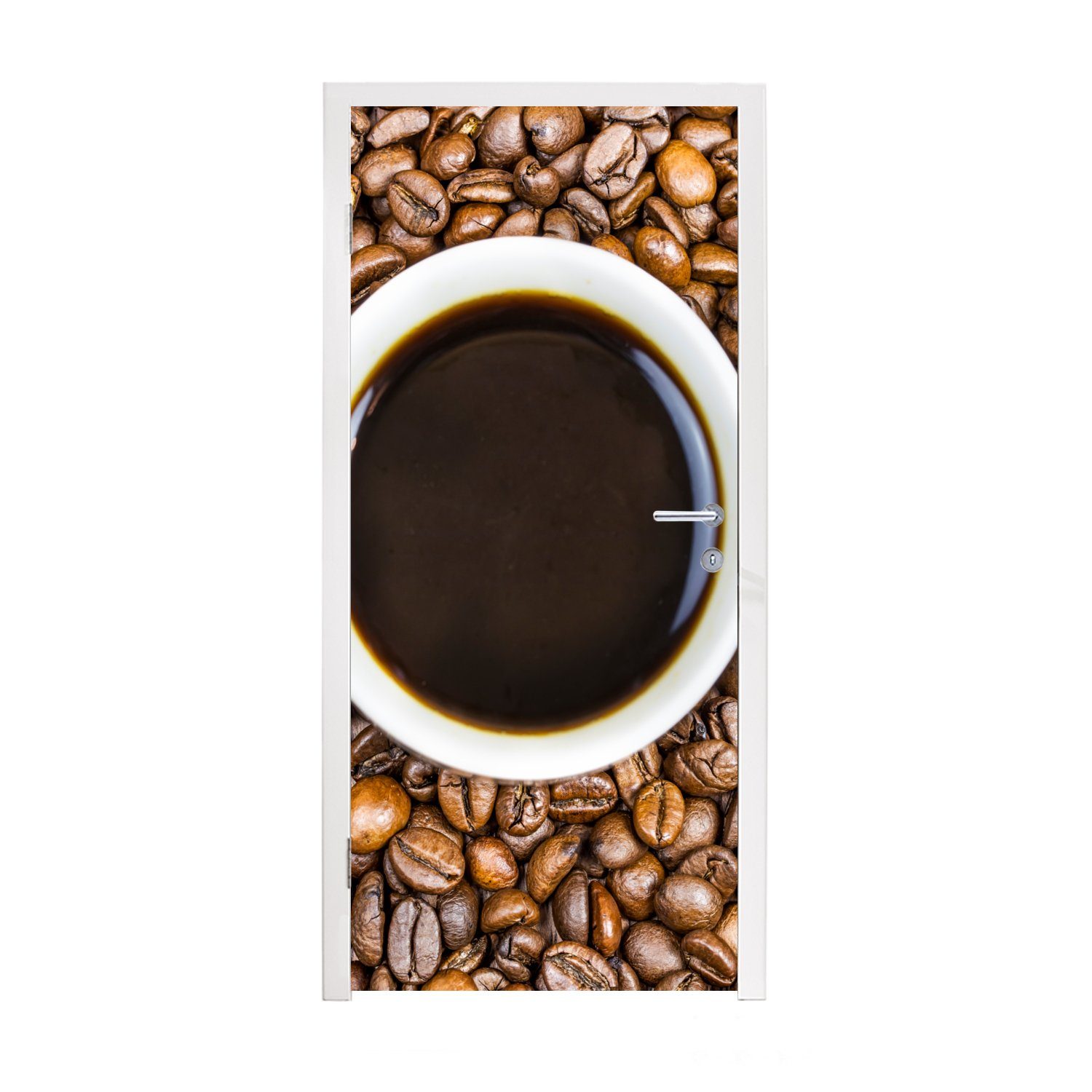 MuchoWow Türtapete Eine Tasse Kaffee ist von einem Haufen Kaffeebohnen umgeben, Matt, bedruckt, (1 St), Fototapete für Tür, Türaufkleber, 75x205 cm