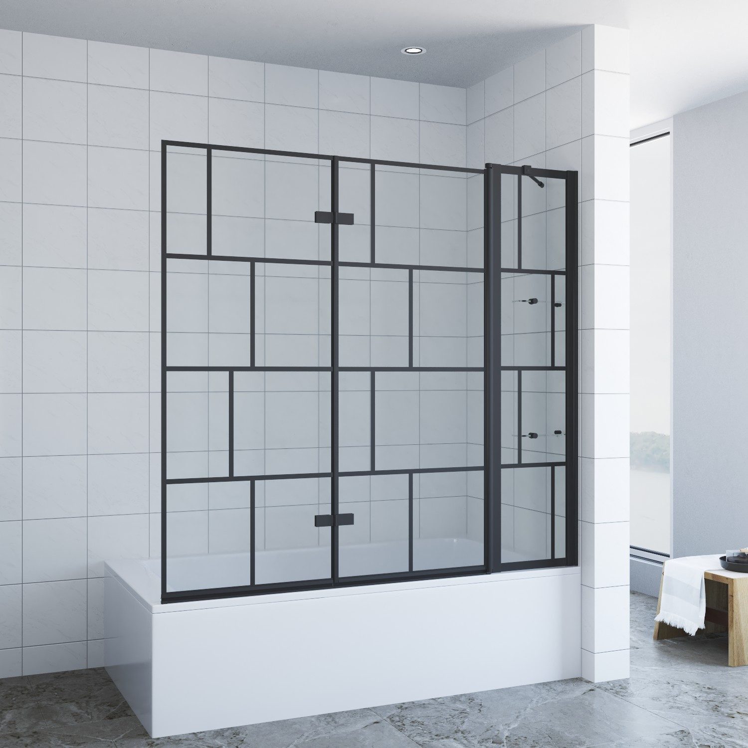 AQUABATOS Badewannenfaltwand Duschabtrennung Badewannenaufsatz Duschkabine Duschwand für Badewanne, 3 teilig Glas Spritzschutzwand für Badewanne Glaswand schwarz Eck 5 mm Einscheiben-Sicherheitsglas (ESG) mit Nano einfach-Reinigung Beschichtung, BxH: 150x