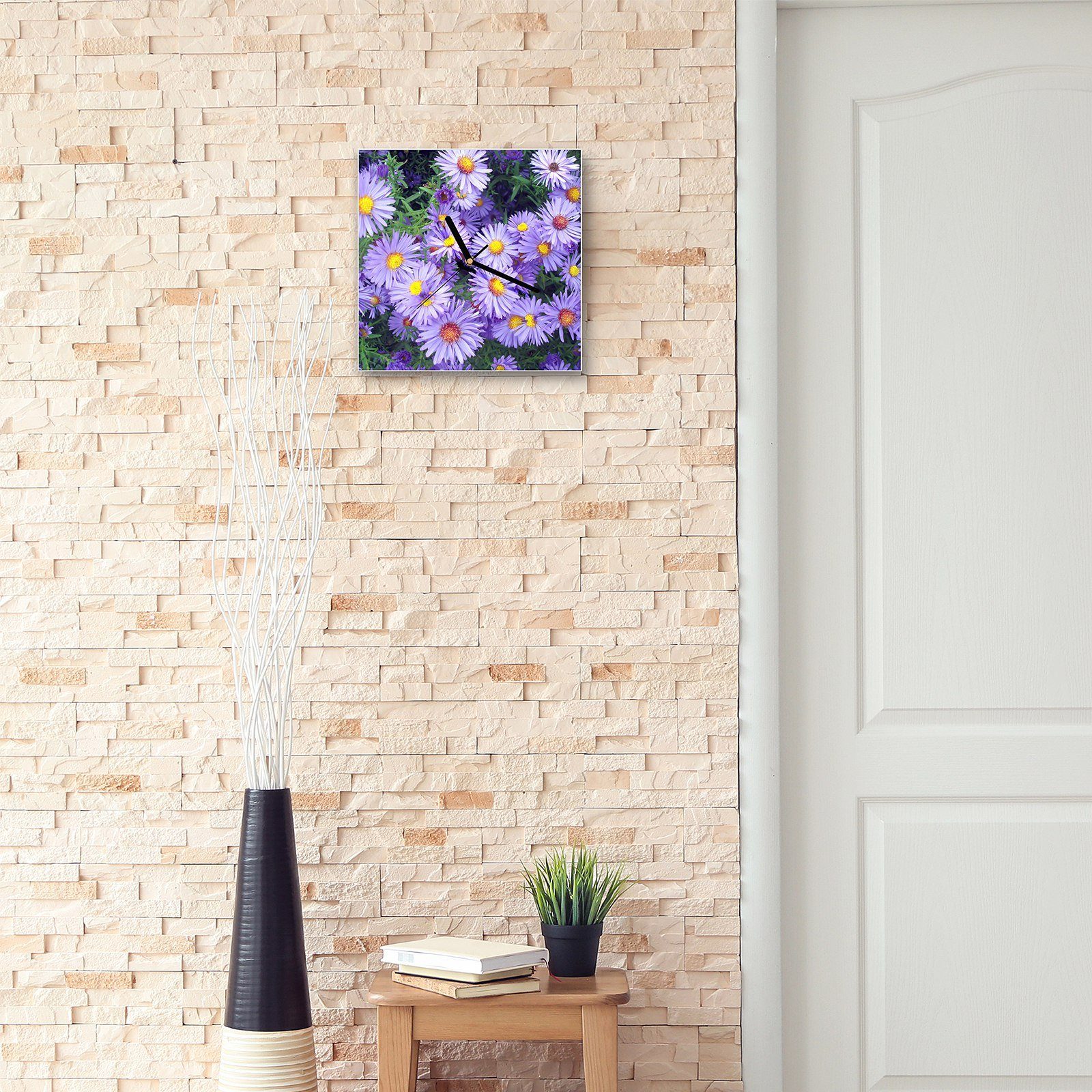 Primedeco Wanduhr Glasuhr Blüten Wandkunst x 30 30 Größe cm Motiv mit Wanduhr Lila in
