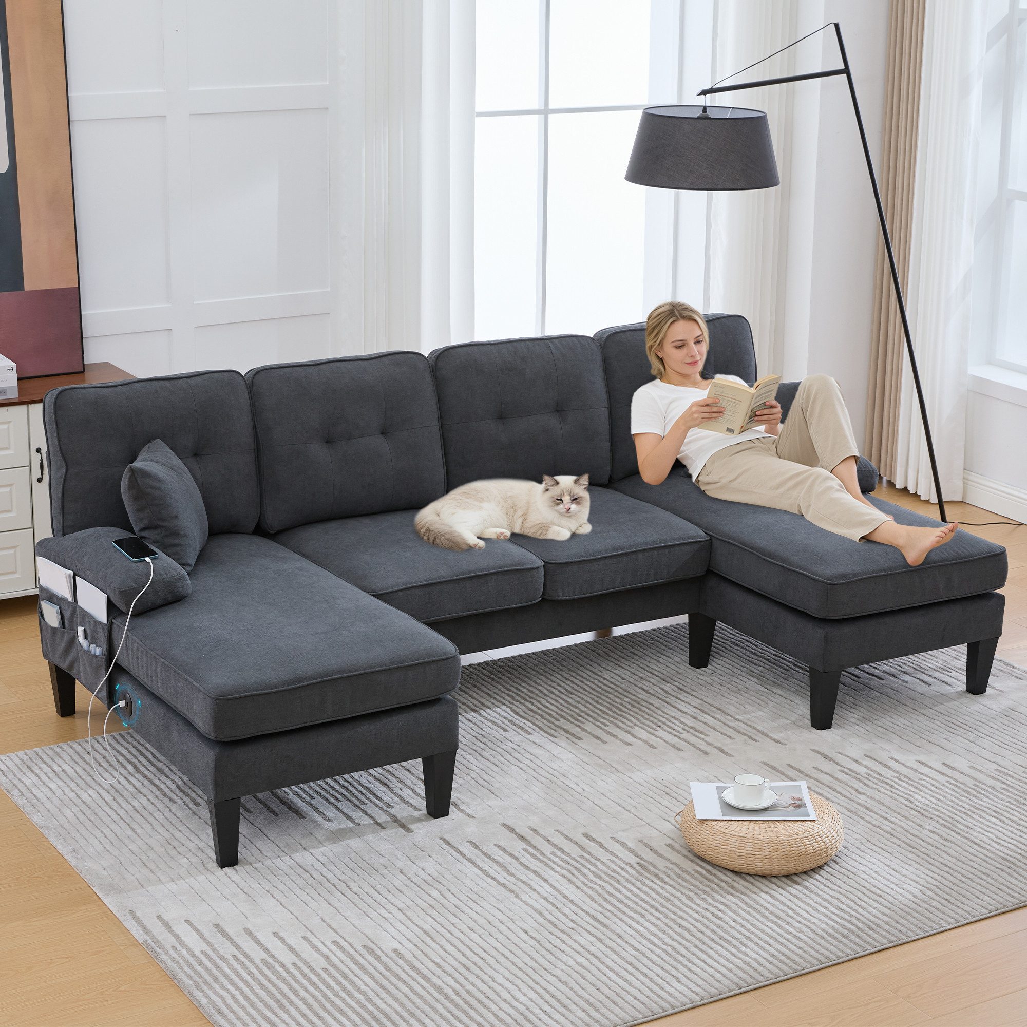 STILVORA Sofa 4-Sitzer U-Form Couch Wohnlandschaft mit Rückenlehne Leinenstoff, mit zwei Chaise-Lounges aus weichem Leinenstoff, moderne Rückenlehne, stabile Füße und gemütliche Sitzkissen