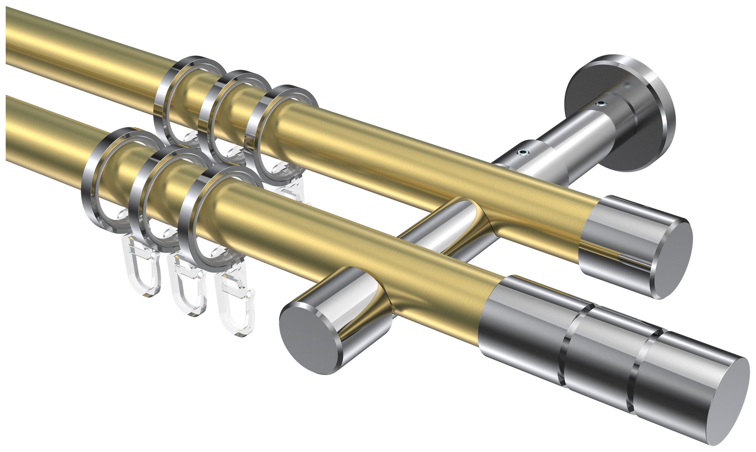 INTERDECO Gardinenstange Prestige Elanto, Ø 20 mm, 2-läufig, Fixmaß, kürzbar, Wandmontage, Metall, Messing-Optik / Chrom / Bicolor
