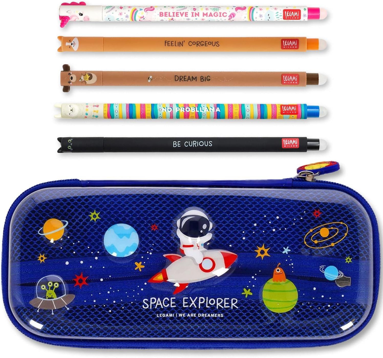 Legami Federmäppchen WonderWow Federmäppchen & radierbarer Stift, Set mit 5 Stiften
