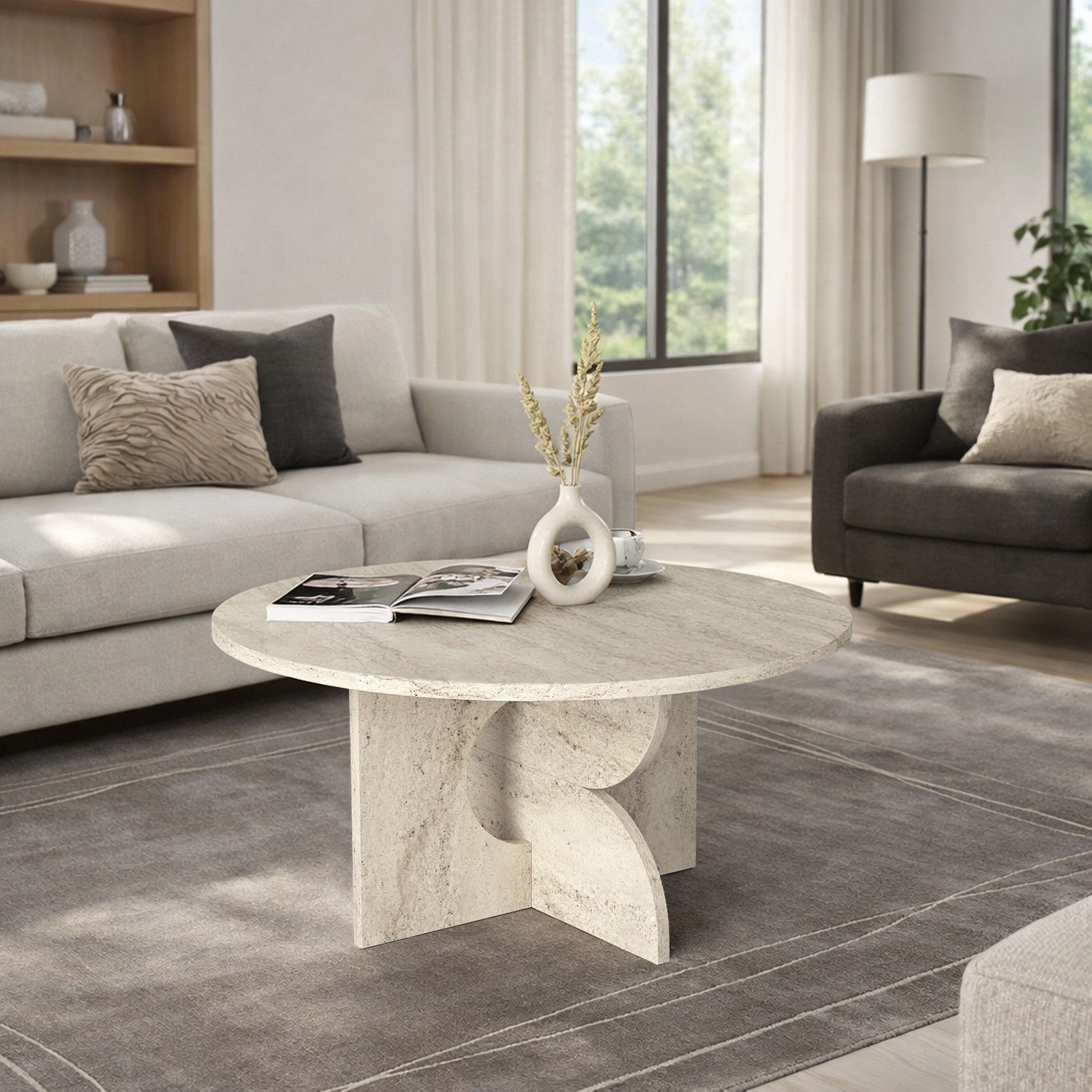 moebel17 Couchtisch Couchtisch Enigma Beige Travertin Optik Ø 75 cm Wohnzimmertisch (Einzelmöbel, 1-St., Besteht aus 1 Couchtisch), Pflegeleichte Oberfläche, Granitoptik