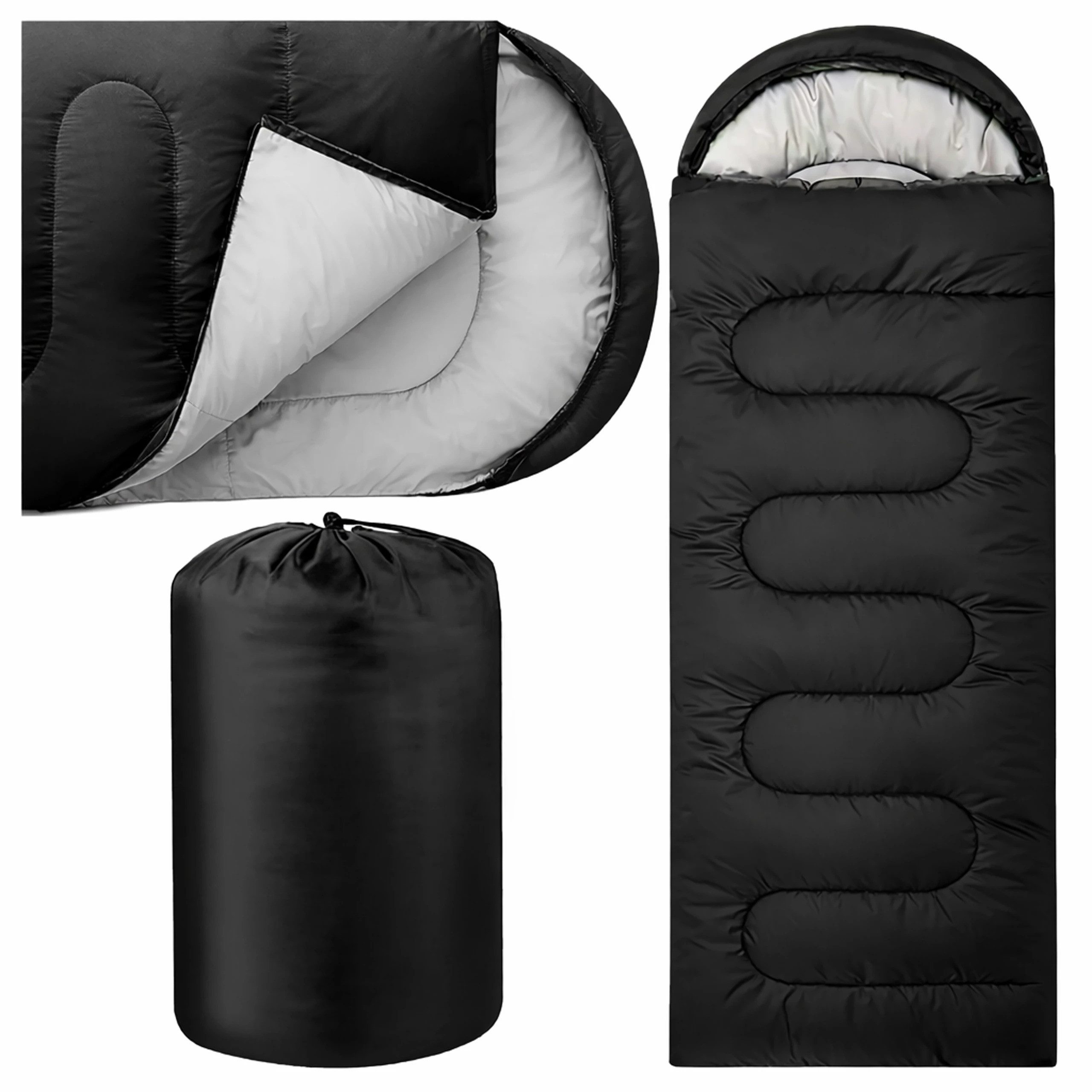 Realb2b Mumienschlafsack Mumienschlafsack 2-in-1 210 × 75 cm mit Kapuze, schwarz (Mumienschlafsack 2-in-1 mit Kapuze, Packsack und Deckenfunktion, Schlafsack mit Packsack und 2-in-1-Funktion), 2-in-1, Kapuze, Packsack, 210 × 75 cm