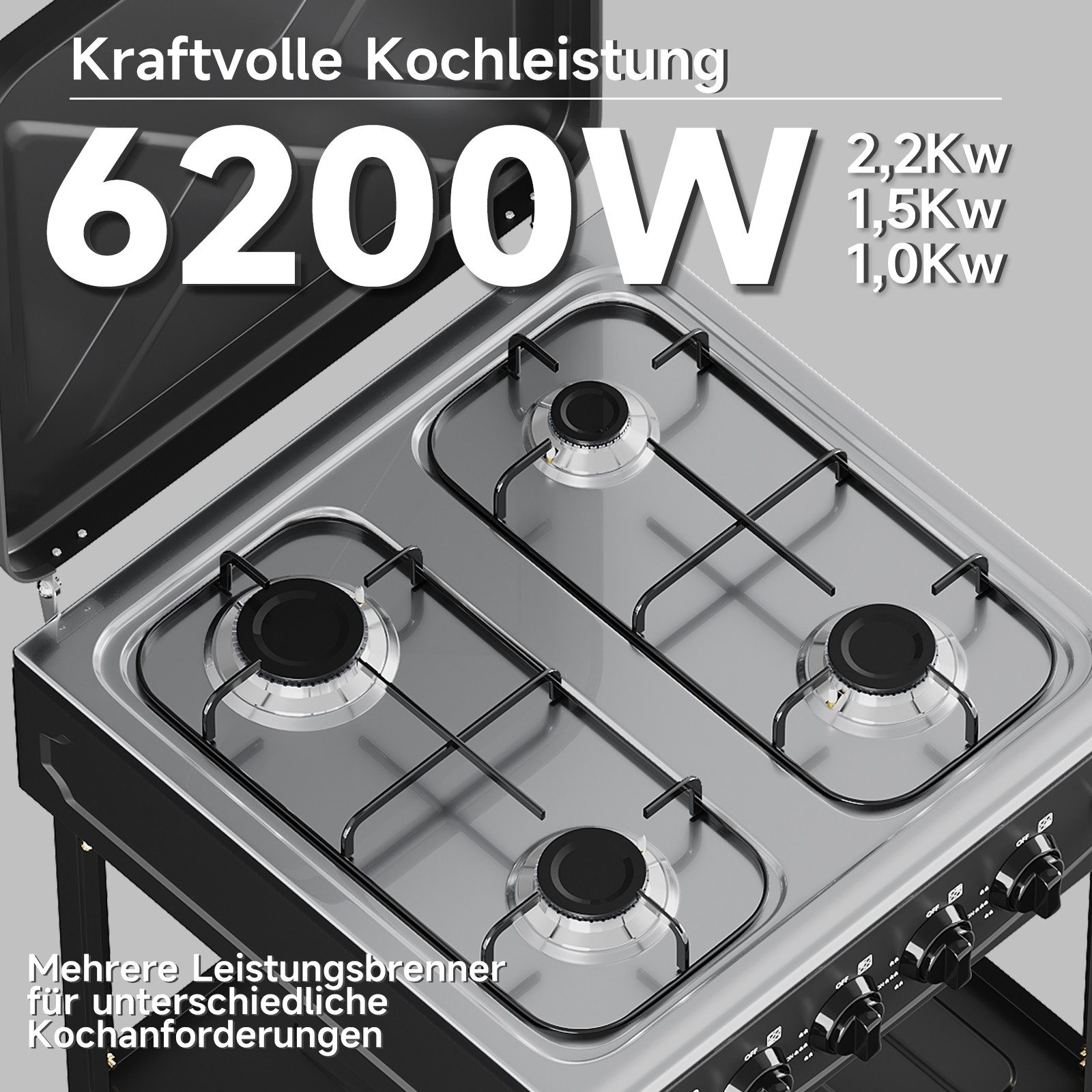 HOMELUX Gaskocher Campingkocher, 3/4/5 Flammig Gasherd Kochfeld, Campingkocher mit 1,5M Anschlussschlauch und Druckminderer 50 mbar
