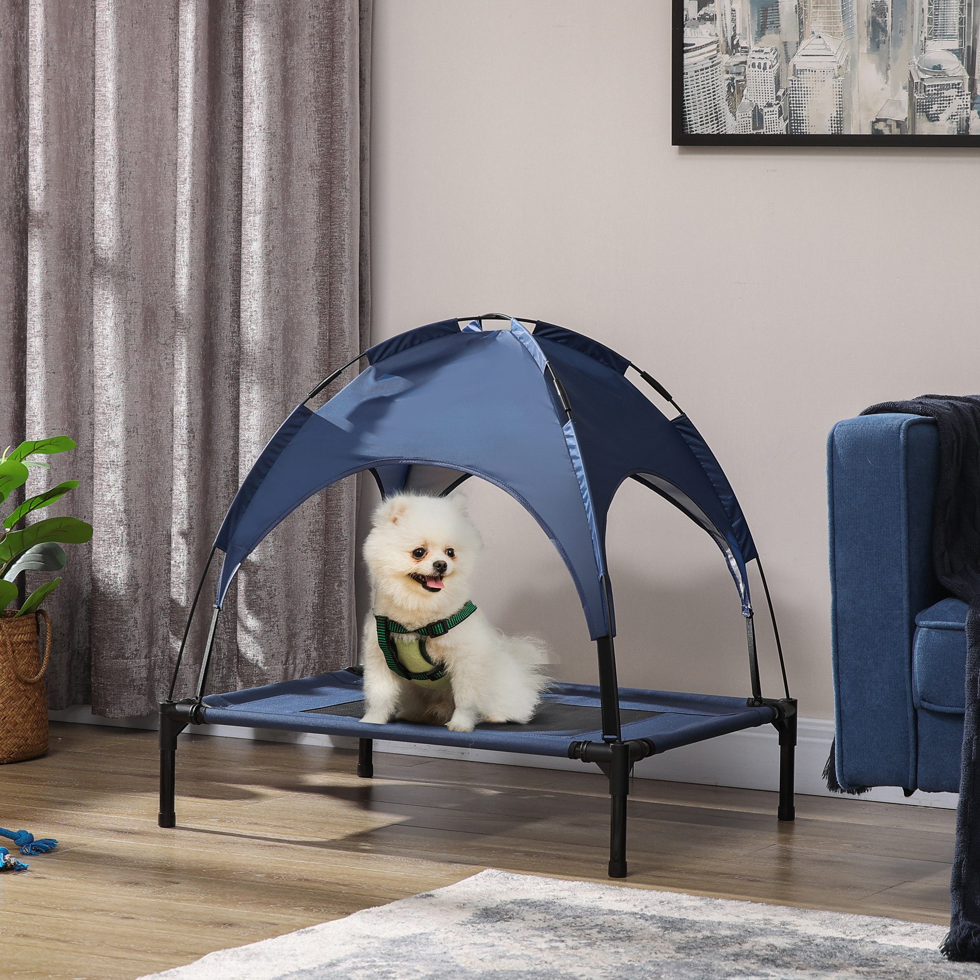 PawHut Tierbett Hundeliege mit Baldachin, erhöht, atmungsaktiv, für Camping, Oxford, Netzstoff, Taftstoff, für Garten, Balkon, Dunkelblau