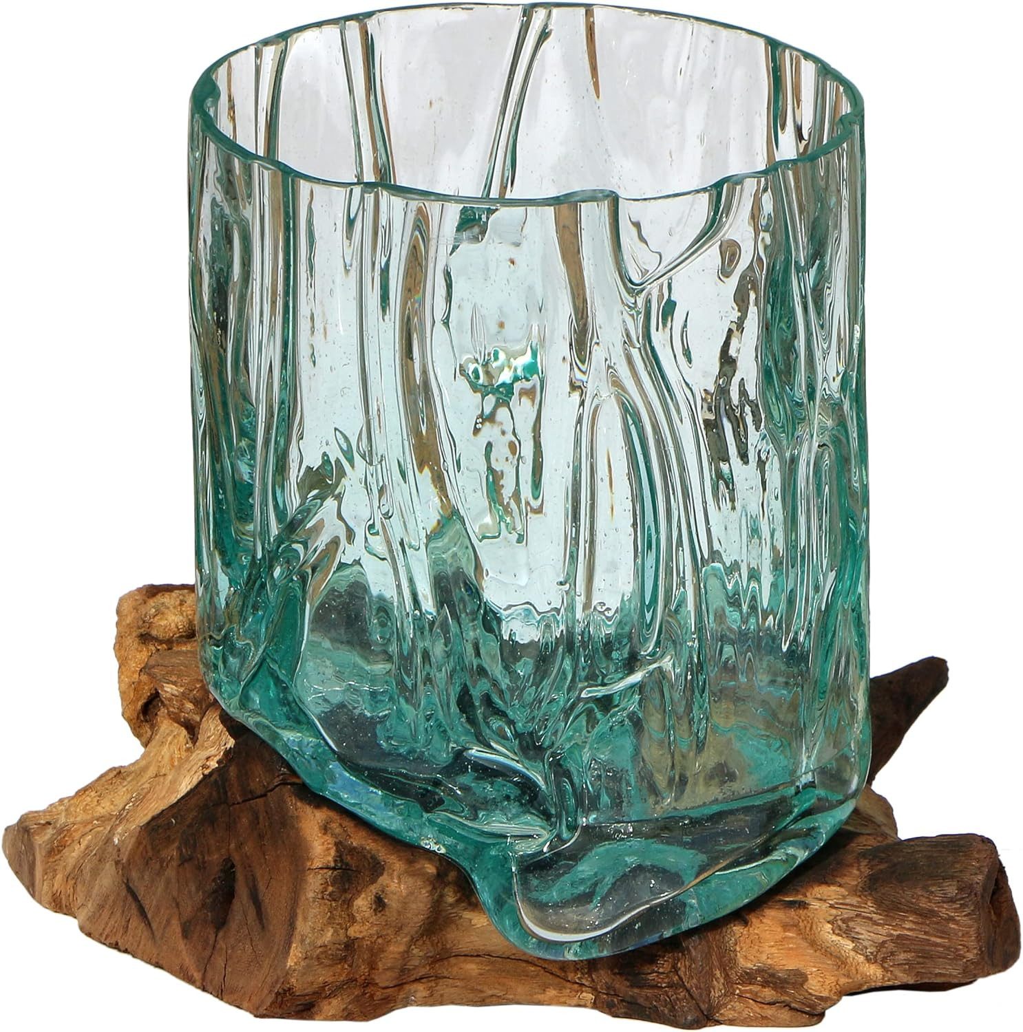 Dekovase Glas-Vase "Gloria" auf Wurzel-Holz Ø Glas 15-16 cm Teakholz Gamal