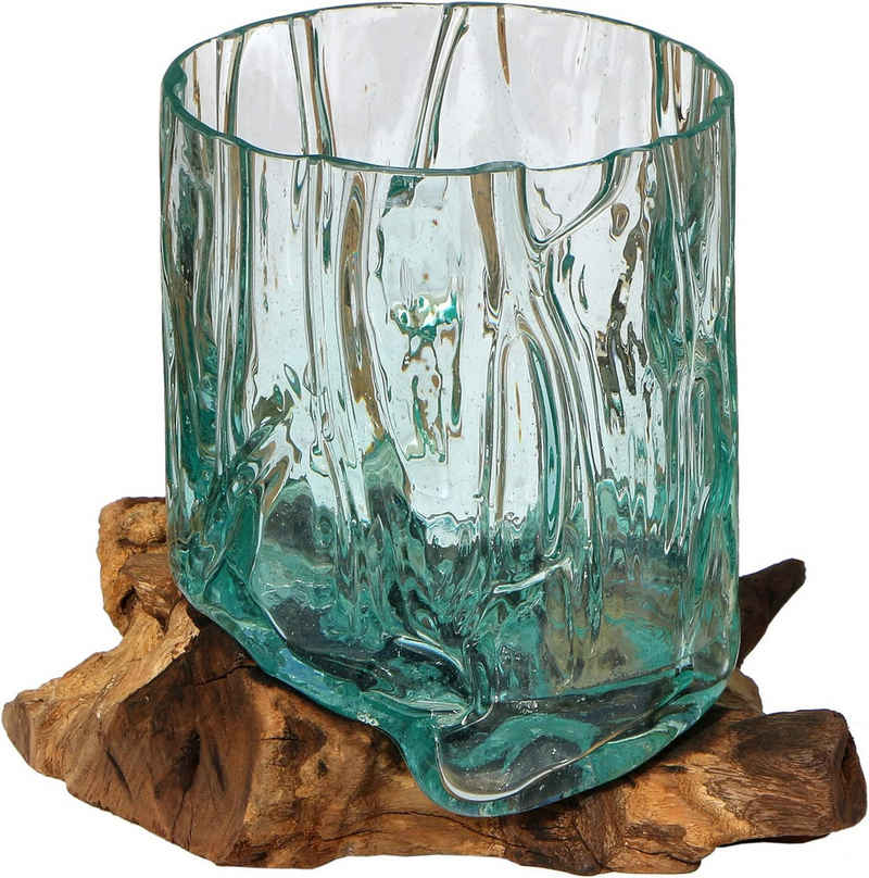 Wogeka Dekovase Glas-Vase "Gloria" auf Wurzel-Holz Ø Glas 15-16 cm Teakholz Gamal