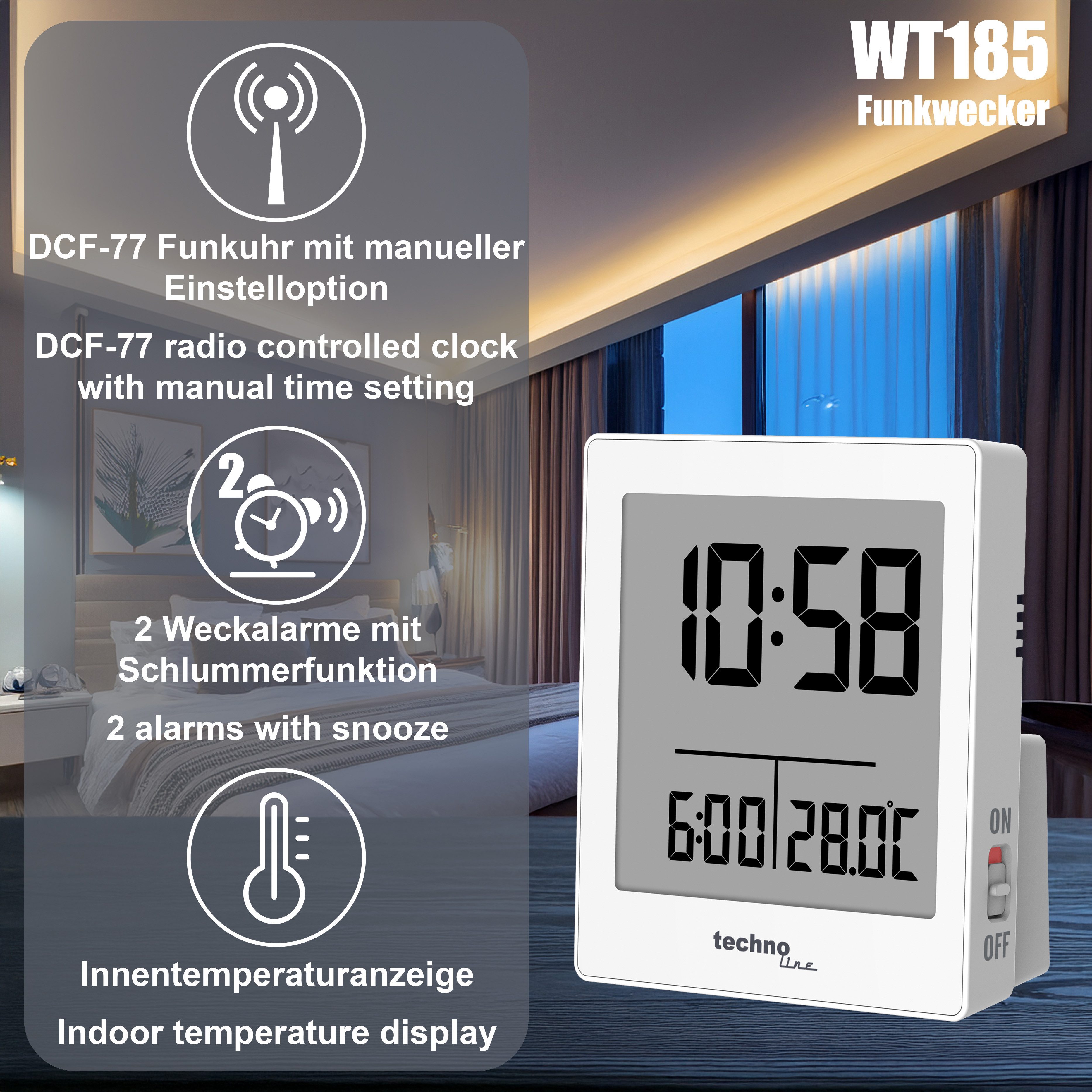 technoline Funkwecker WT 185 mit Temperaturanzeige und Dual-Alarm mit extra günstig online kaufen