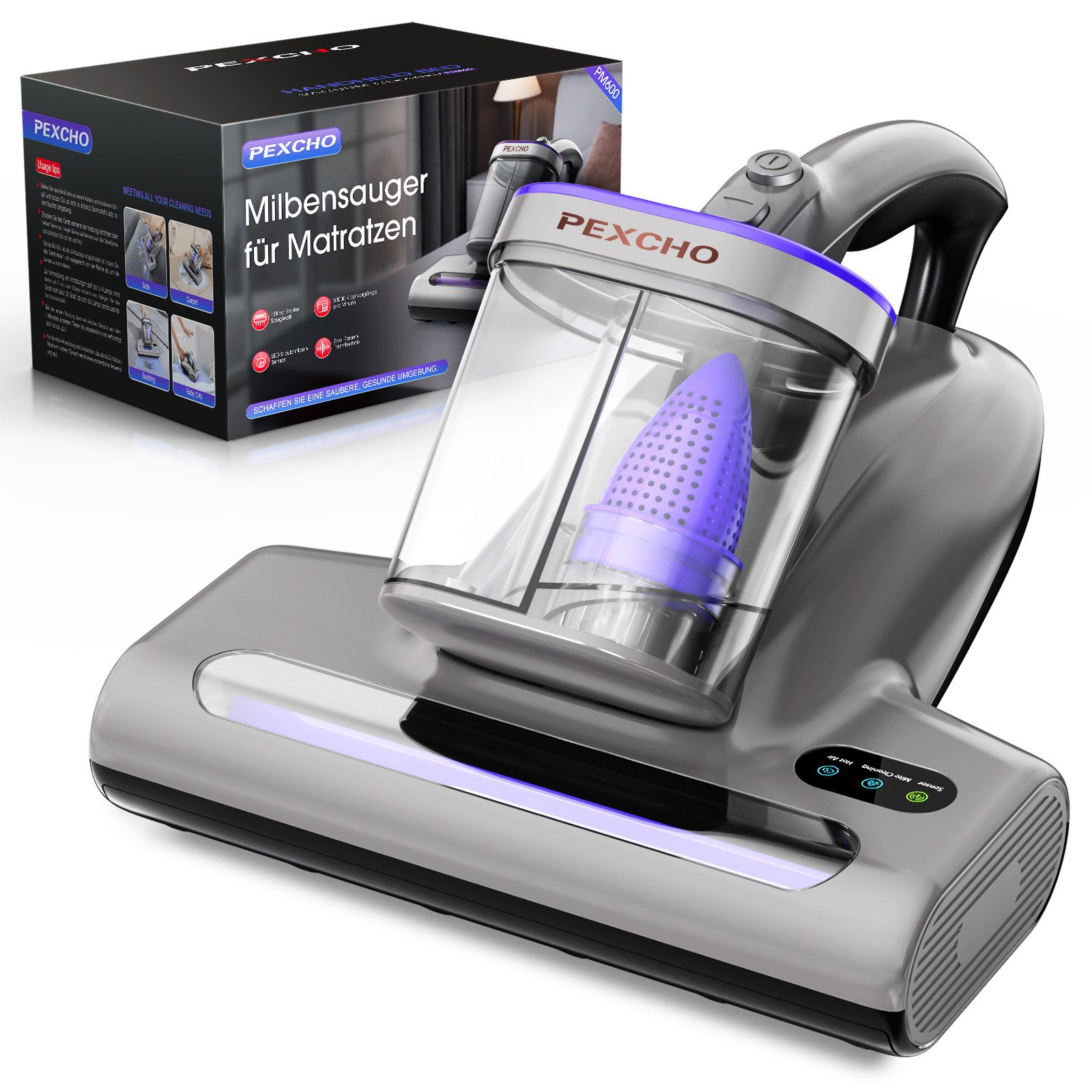 PEXCHO Handstaubsauger Matratzen Handstaubsauger,15 KPa,UV-C-Licht,Entfernung von Staubmilben, 500 W, mit Beutel, Bakterien, Allergenen, Milbensauger für Matratzen