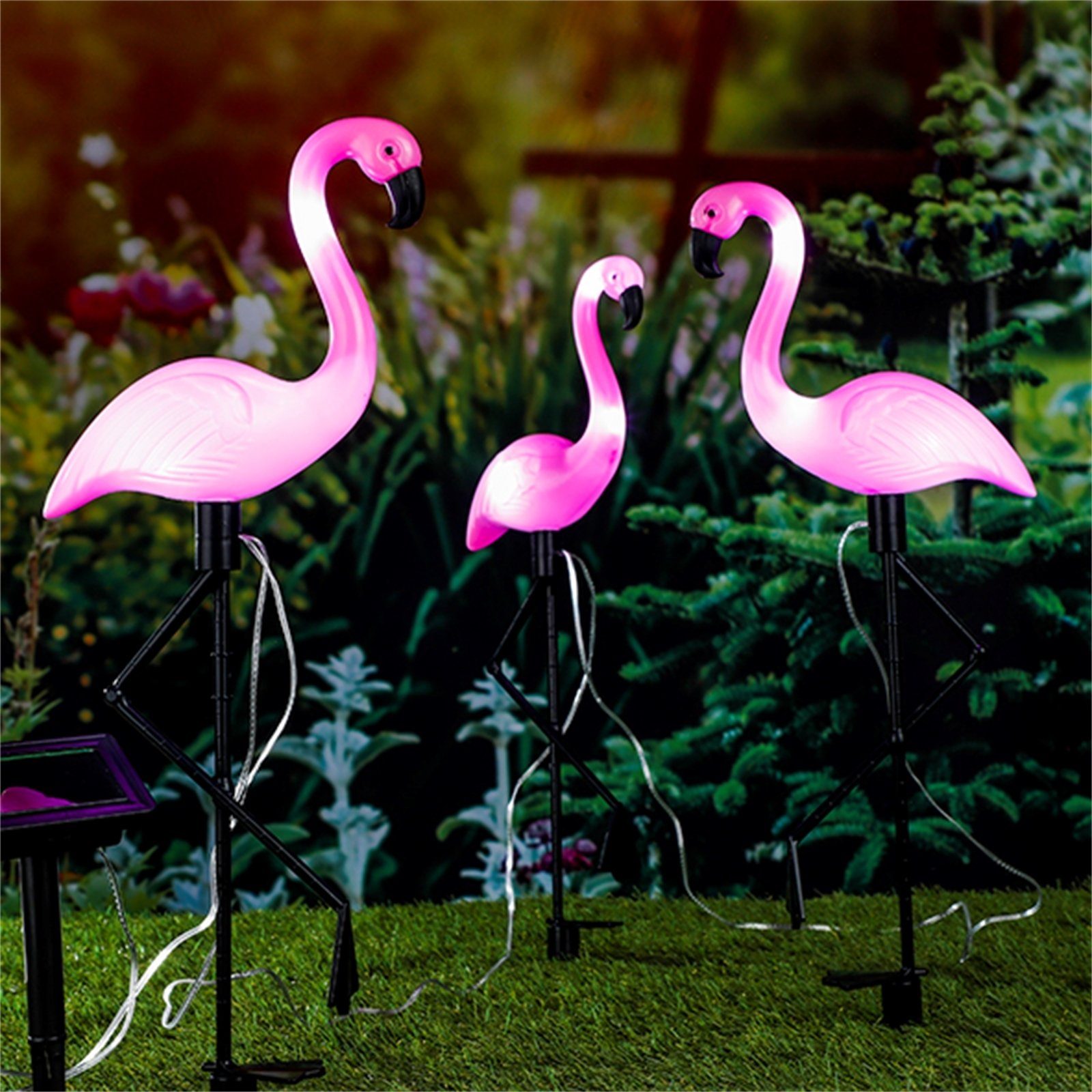 HI LED Solarleuchte Solar LED Leuchte 3-teiliges Set Flamingo