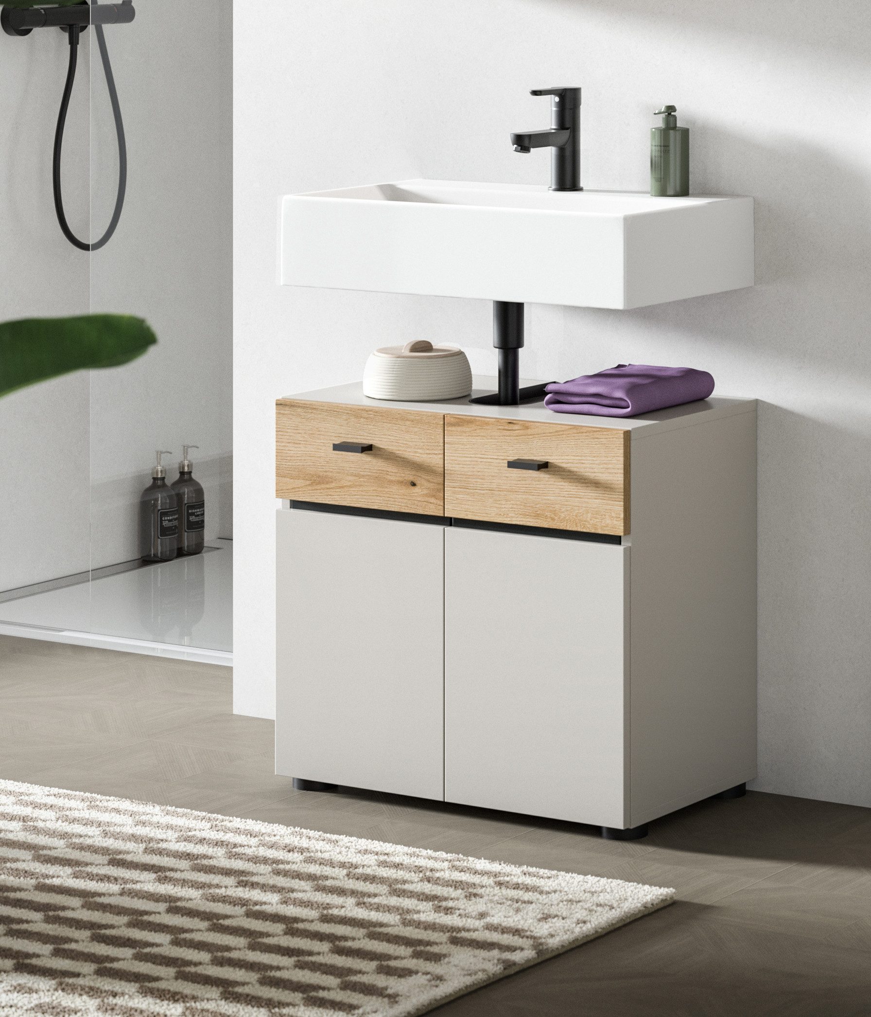 welltime Waschbeckenunterschrank VANN, Breite 60cm, 2 Türen, 2 Fächer, mit Siphonausschnitt (individuell mit weiteren Artikel der Serie VANN kombinierbar) Waschtisch, Waschbeckenschrank, Kommode, Schrank, Badezimmer, Bad