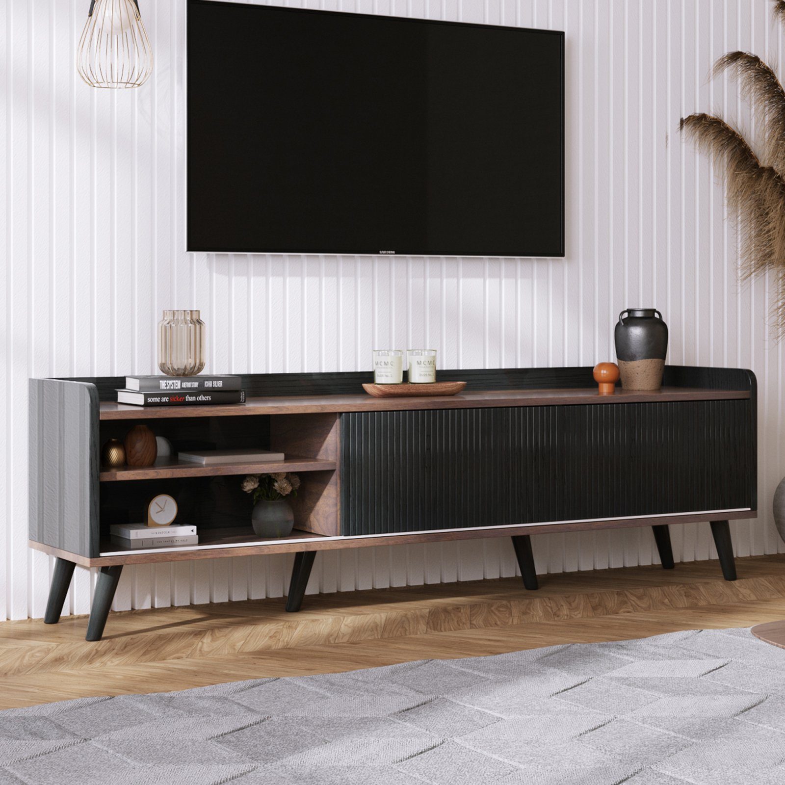 SEEZSSA TV-Schrank TV Schubladen 40 58 x Holzfarbe, natürliches zwei x und Schiebetüren und 160 Schwarz Lowboard mit Fernsehtisch Board 2 cm