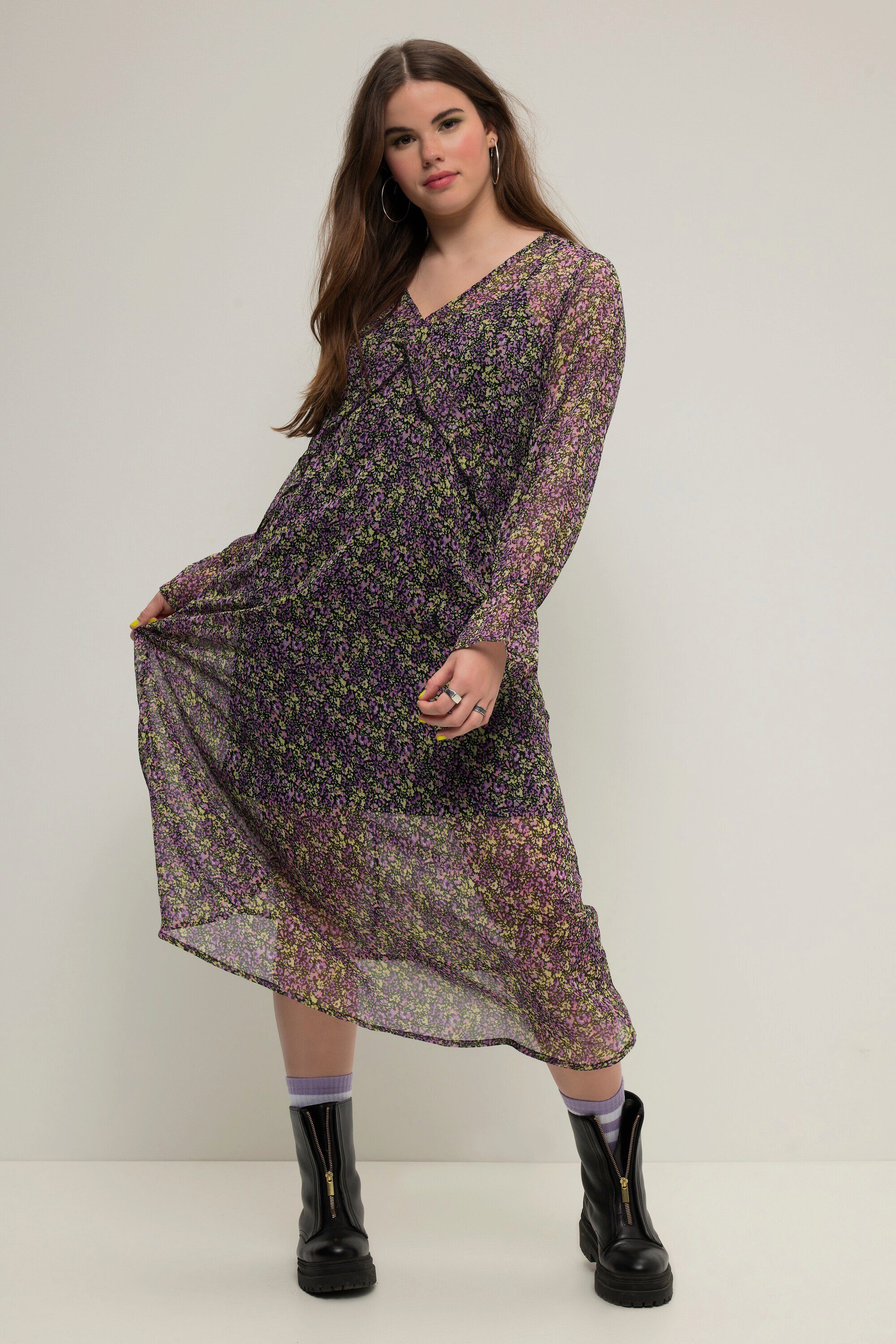 Jerseykleid Maxikleid A-Line Chiffon Minimal Blumen Langarm