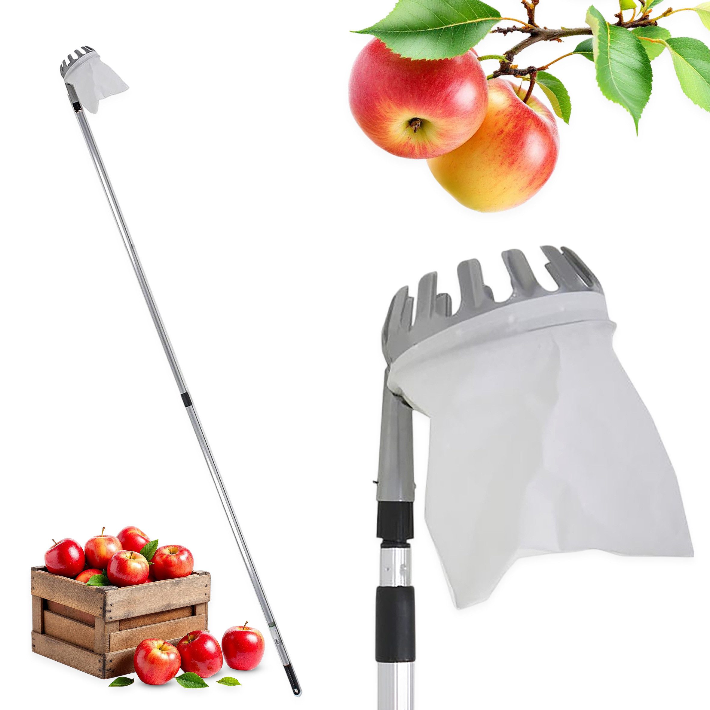 Spetebo Obstpflücker mit Teleskopstiel und Fangbeutel mit Pflückkranz, 240 cm max. Stiellänge, (Anzahl, 1-St., Stück), mit Erntebeutel