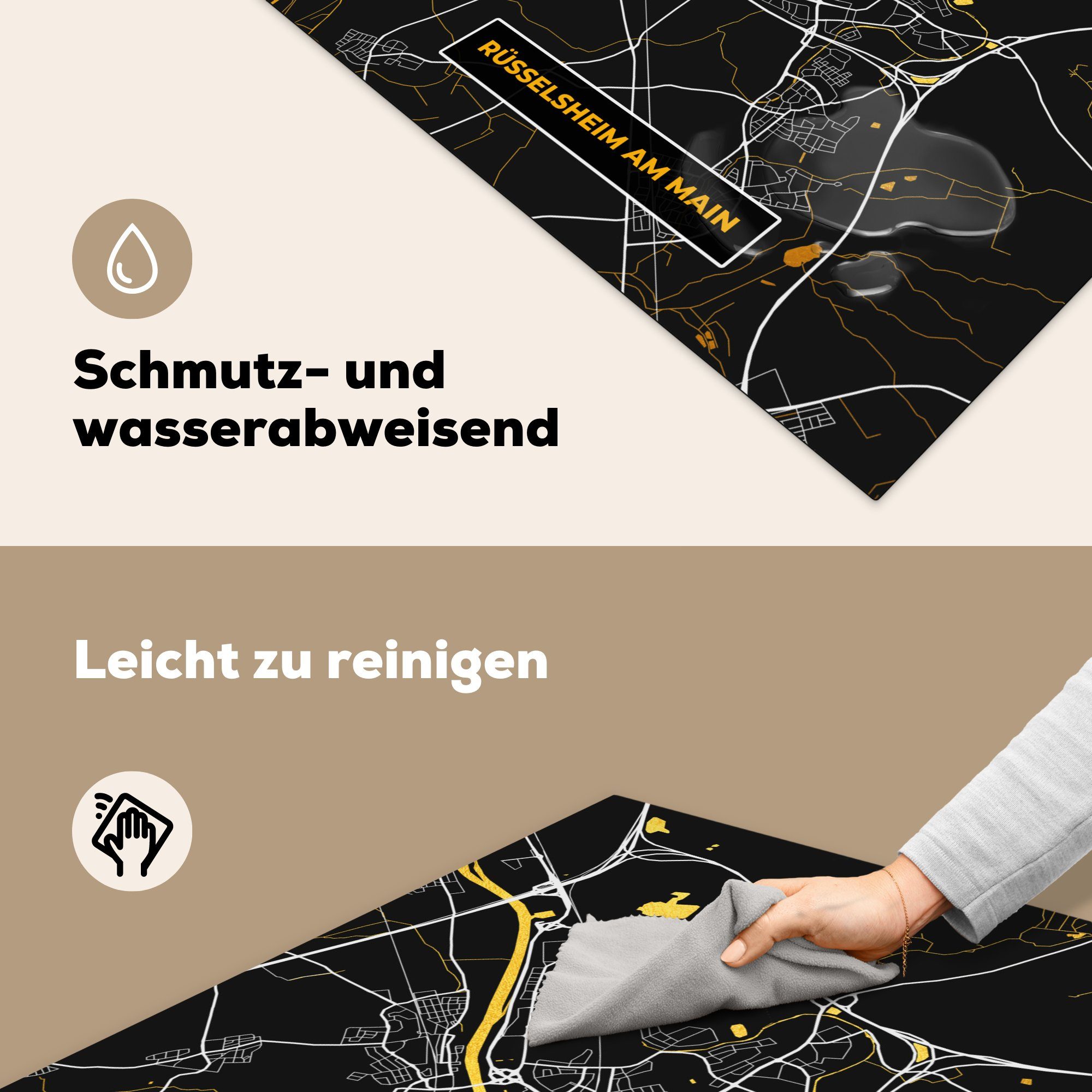 tlg), Ceranfeldabdeckung, Deutschland 78x78 küche (1 Karte Stadtplan - Rüsselsheim - - Arbeitsplatte - Gold Vinyl, MuchoWow cm, Main, für Herdblende-/Abdeckplatte am